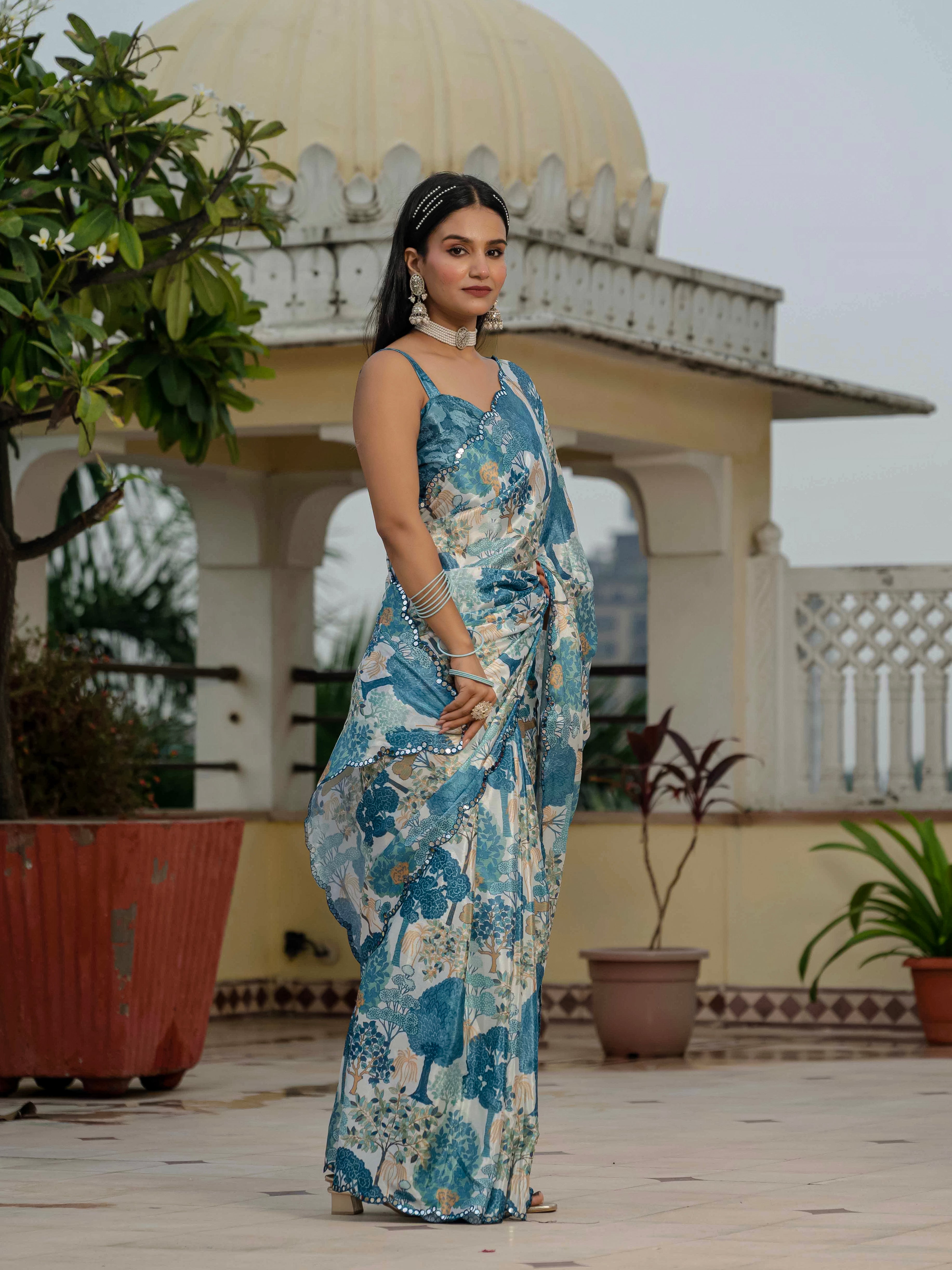 Ready to Wear Ivory / Soft Cream Heavy Chinnon Printed Saree