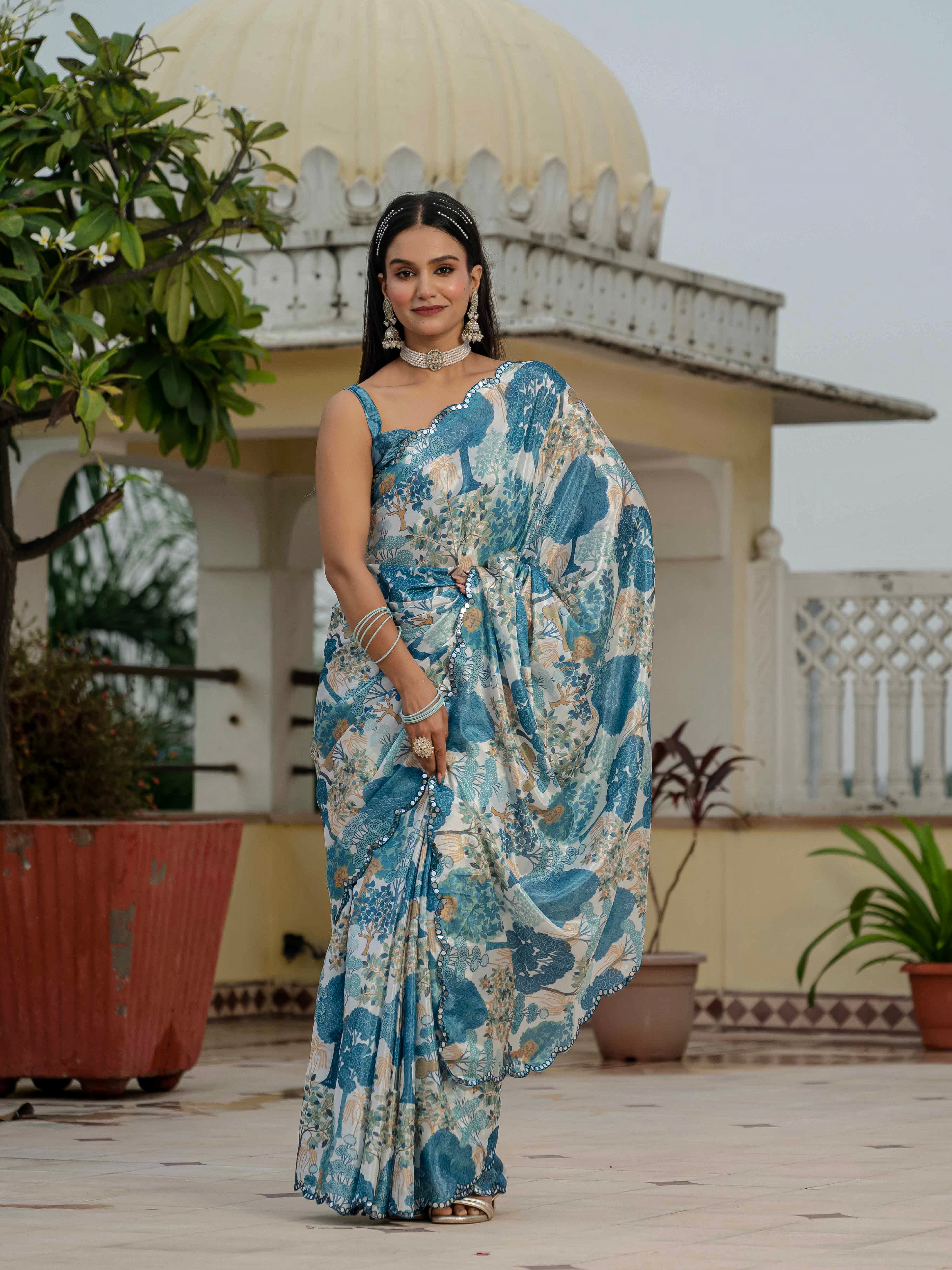 Ready to Wear Ivory / Soft Cream Heavy Chinnon Printed Saree