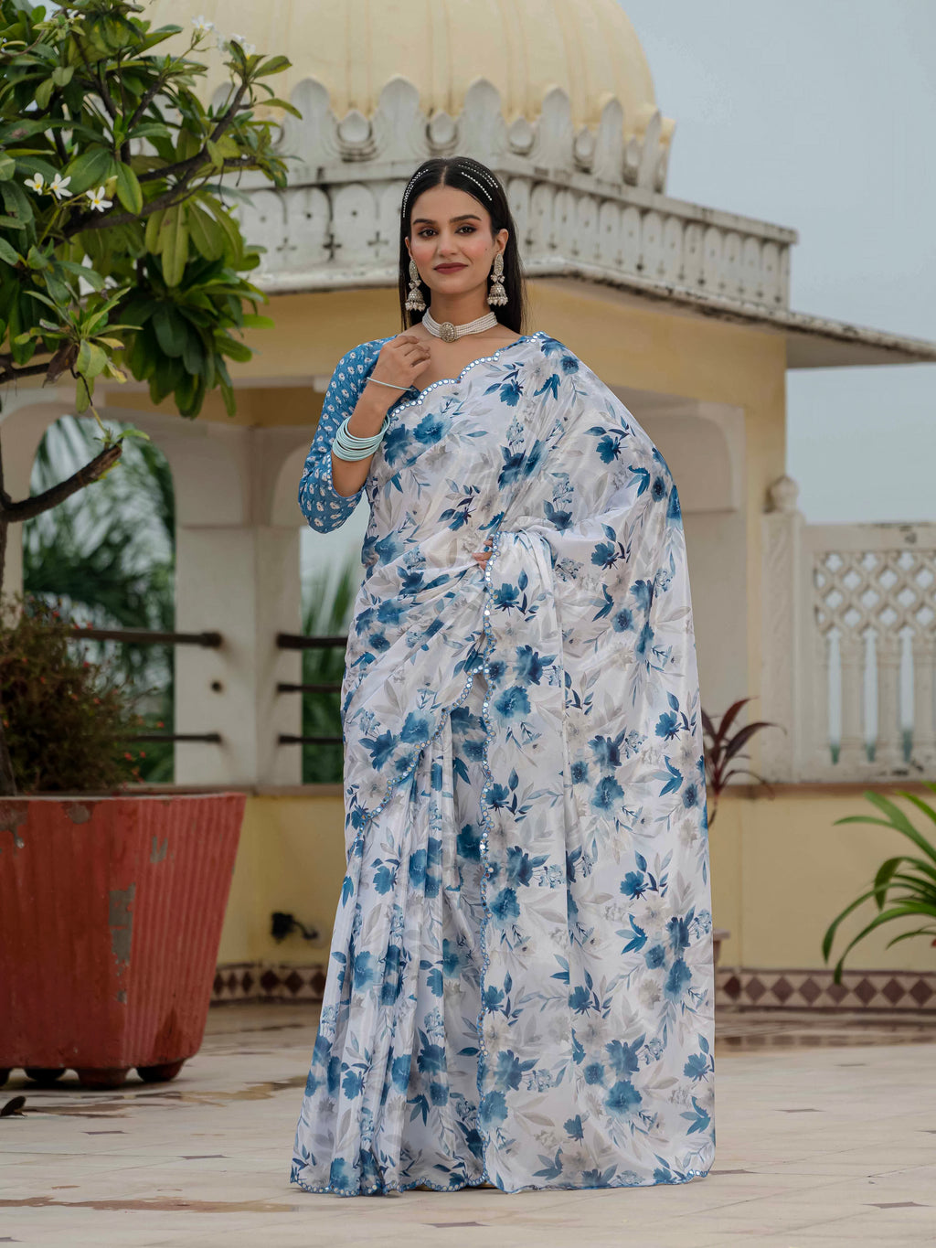 Ready to Wear Soft Off White Heavy Chinnon Printed Saree