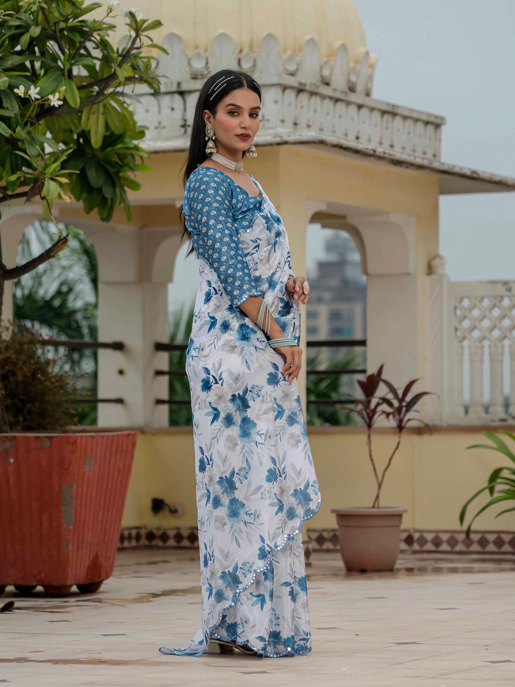 Ready to Wear Soft Off White Heavy Chinnon Printed Saree