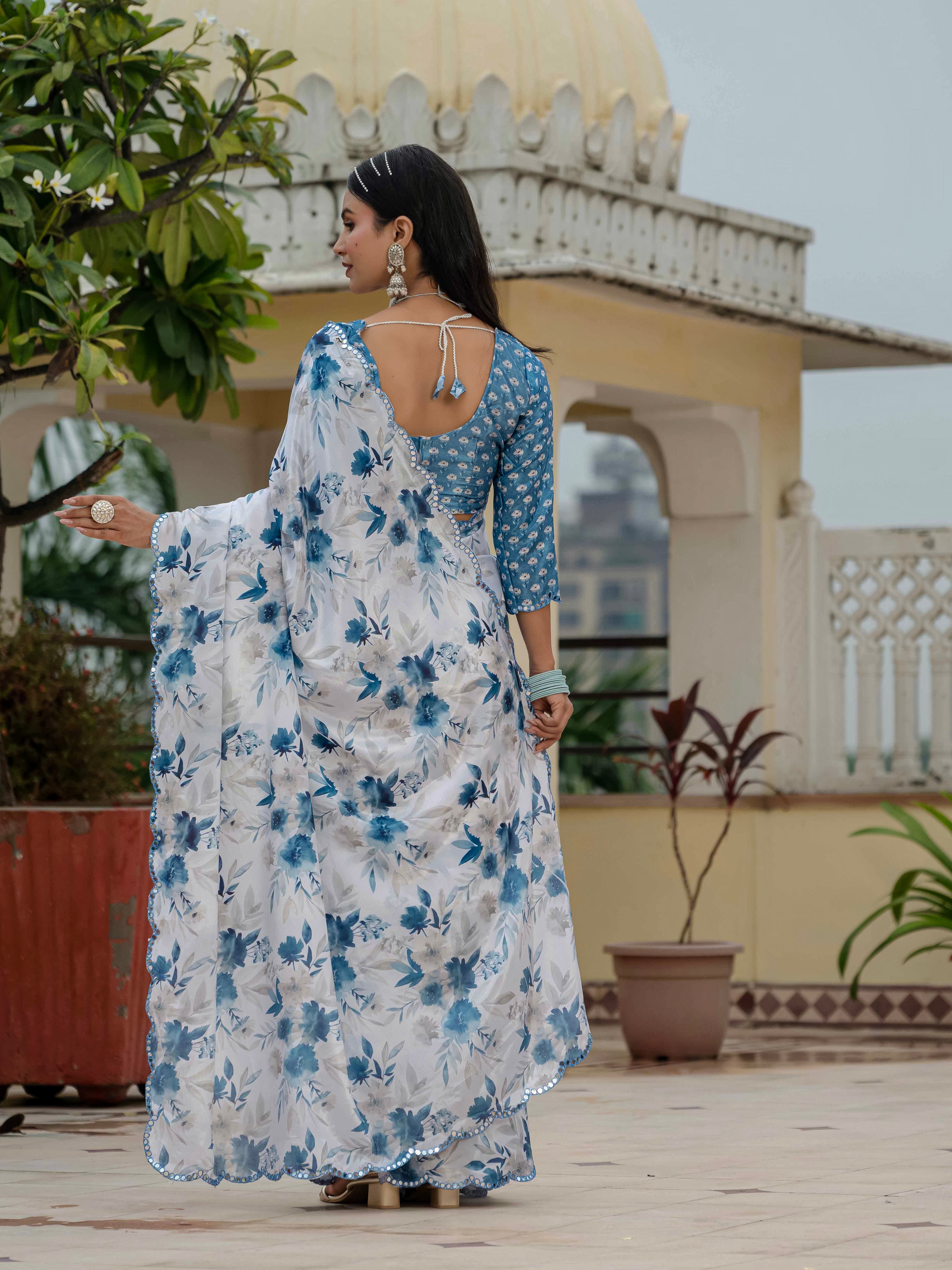 Ready to Wear Soft Off White Heavy Chinnon Printed Saree