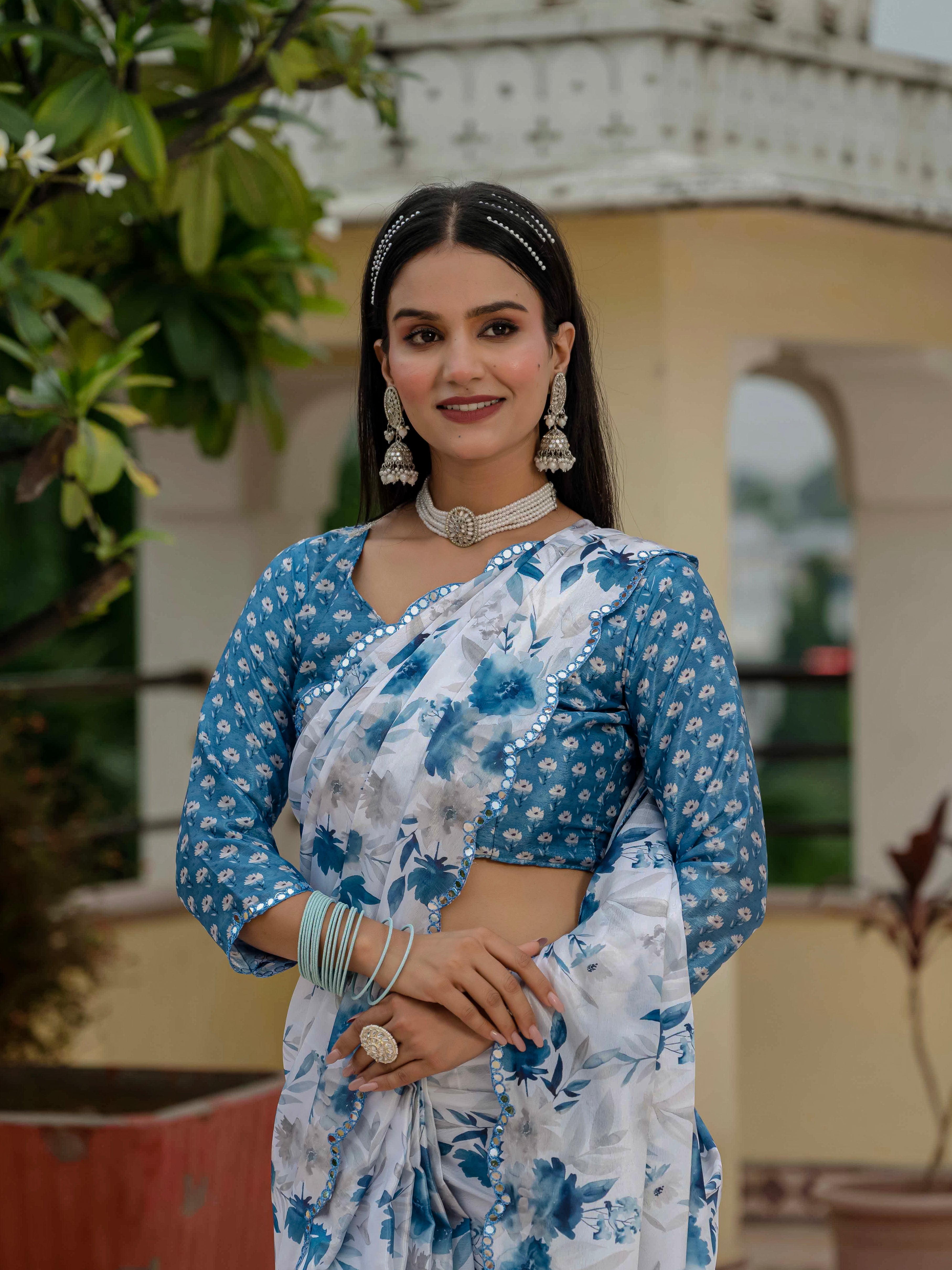 Ready to Wear Soft Off White Heavy Chinnon Printed Saree