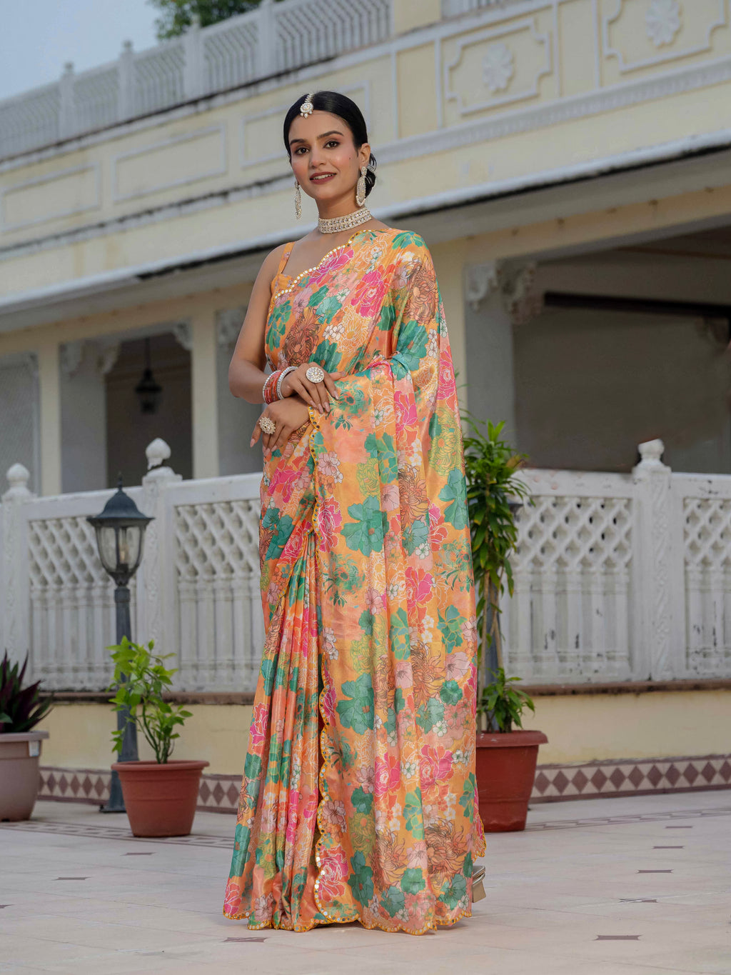 Ready to Wear Soft Orange Heavy Chinnon Printed Saree