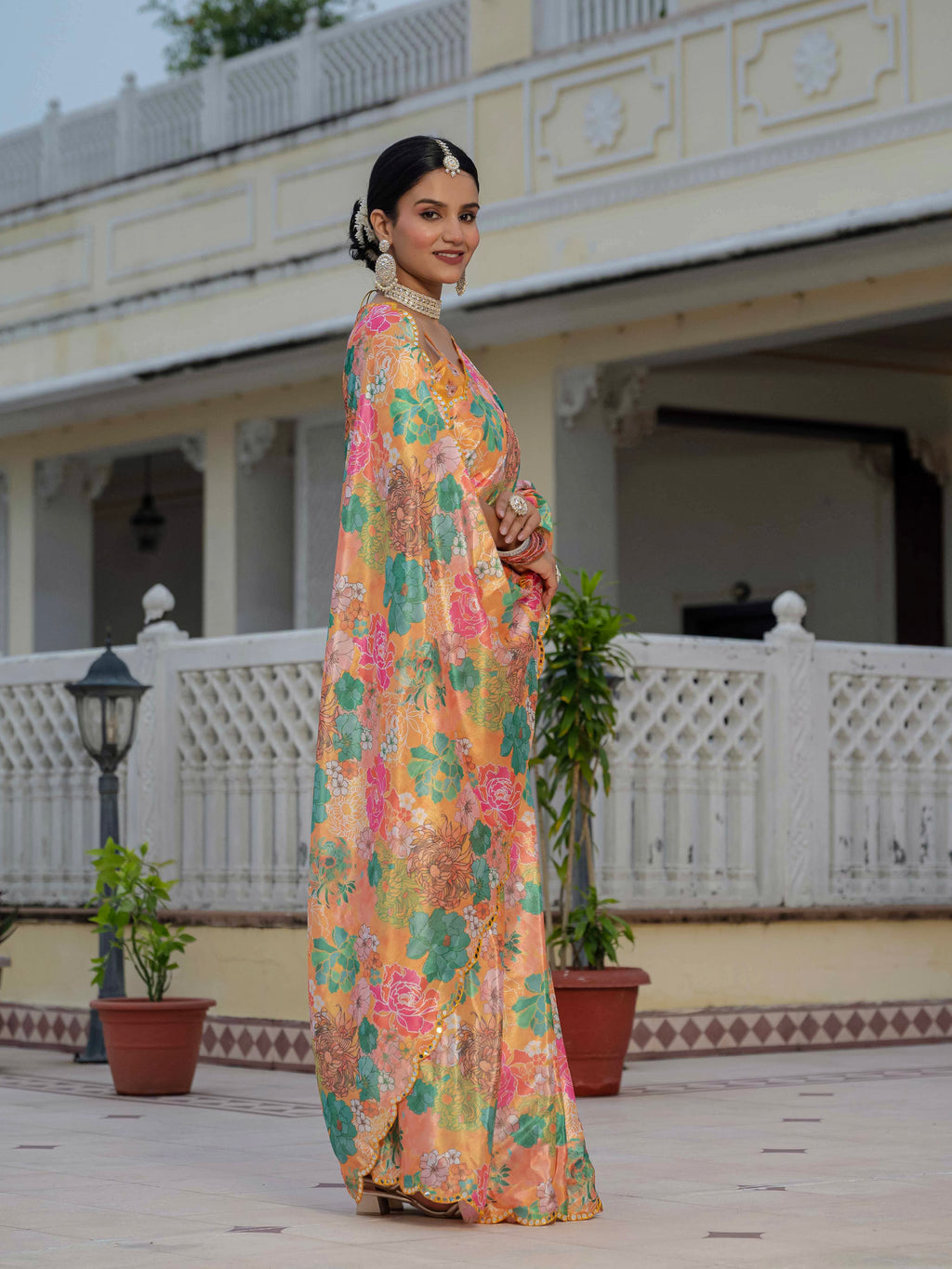 Ready to Wear Soft Orange Heavy Chinnon Printed Saree