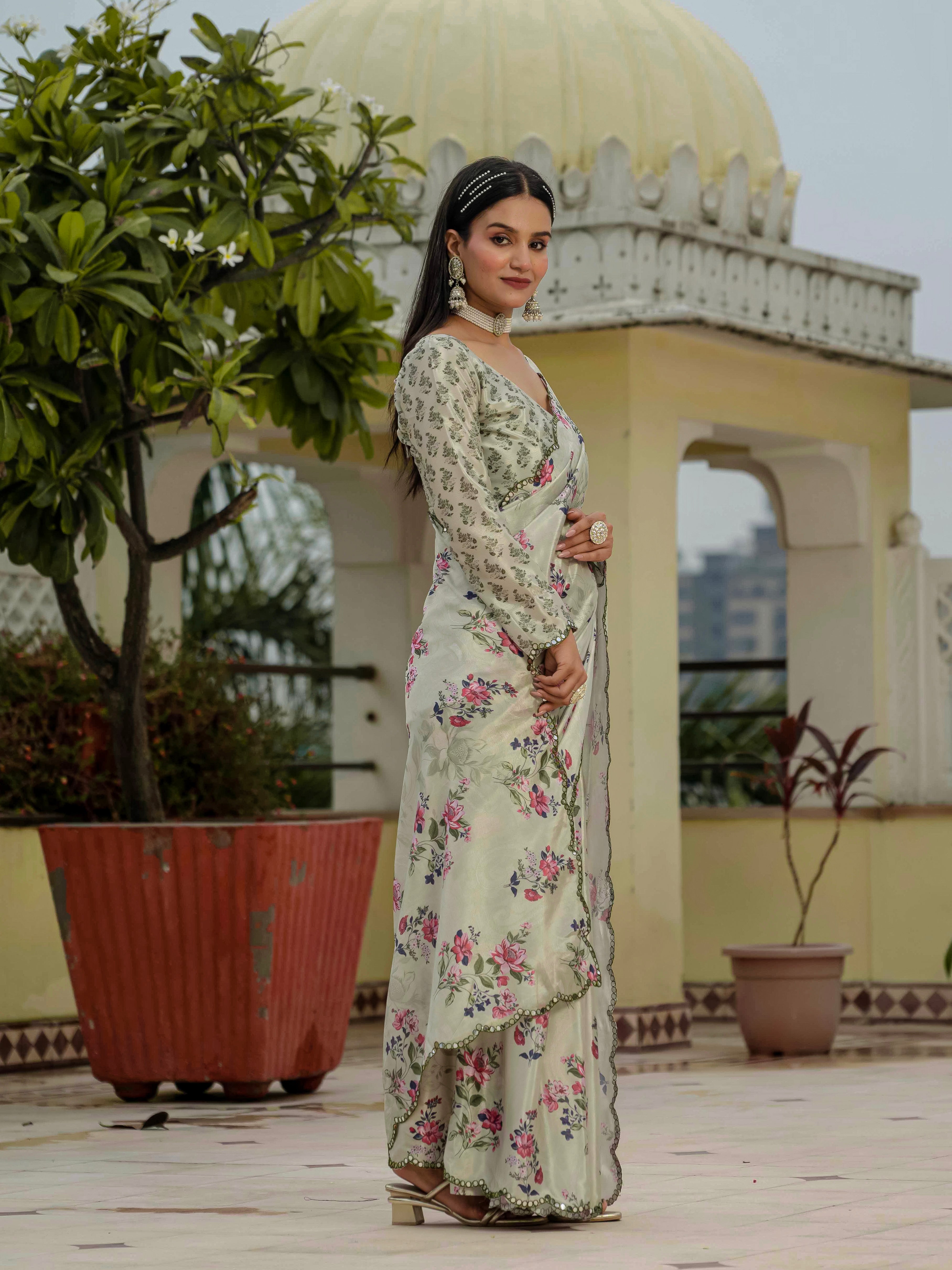 Ready to Wear Sage Green Heavy Chinnon Printed Saree