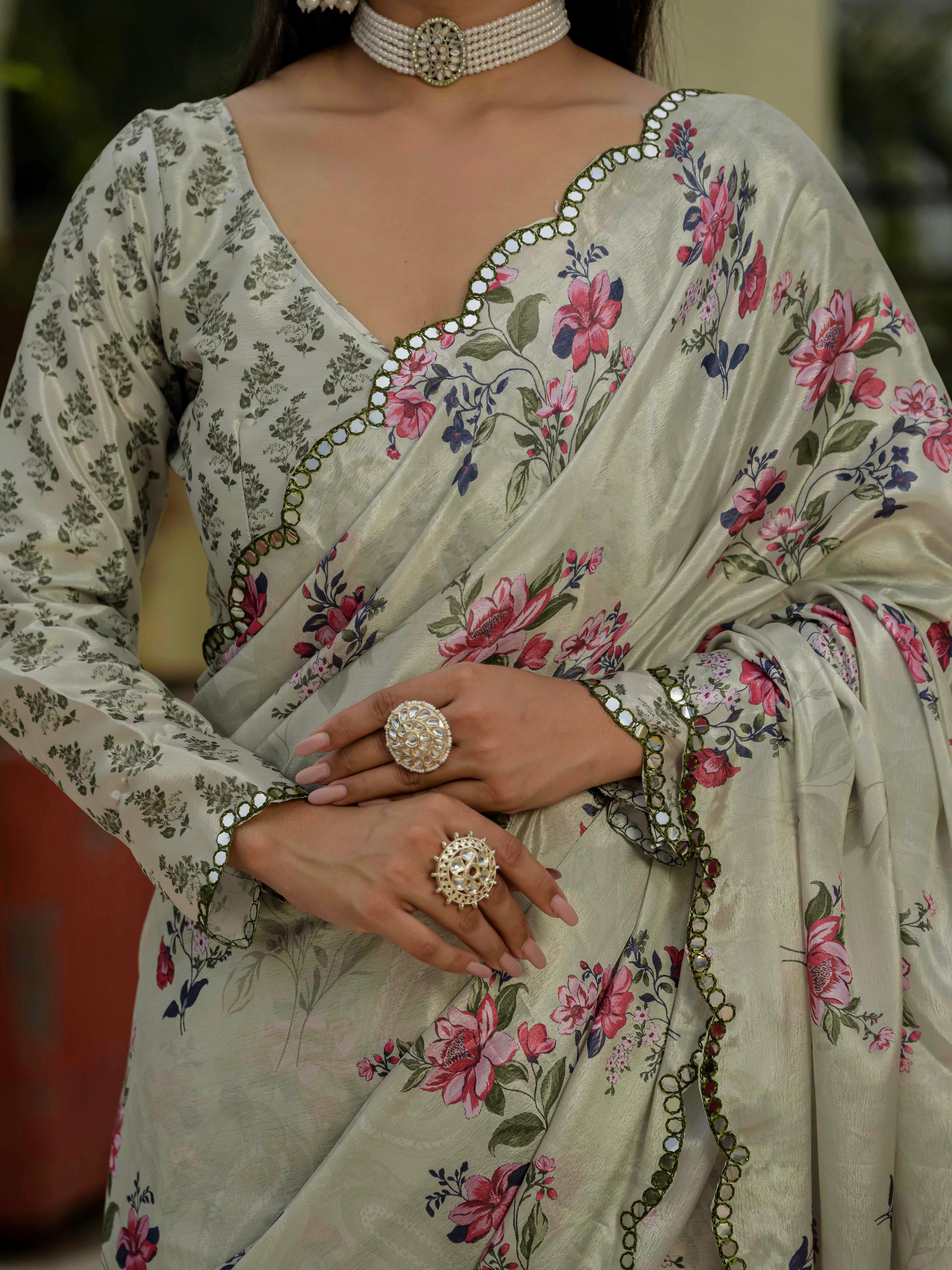 Ready to Wear Sage Green Heavy Chinnon Printed Saree