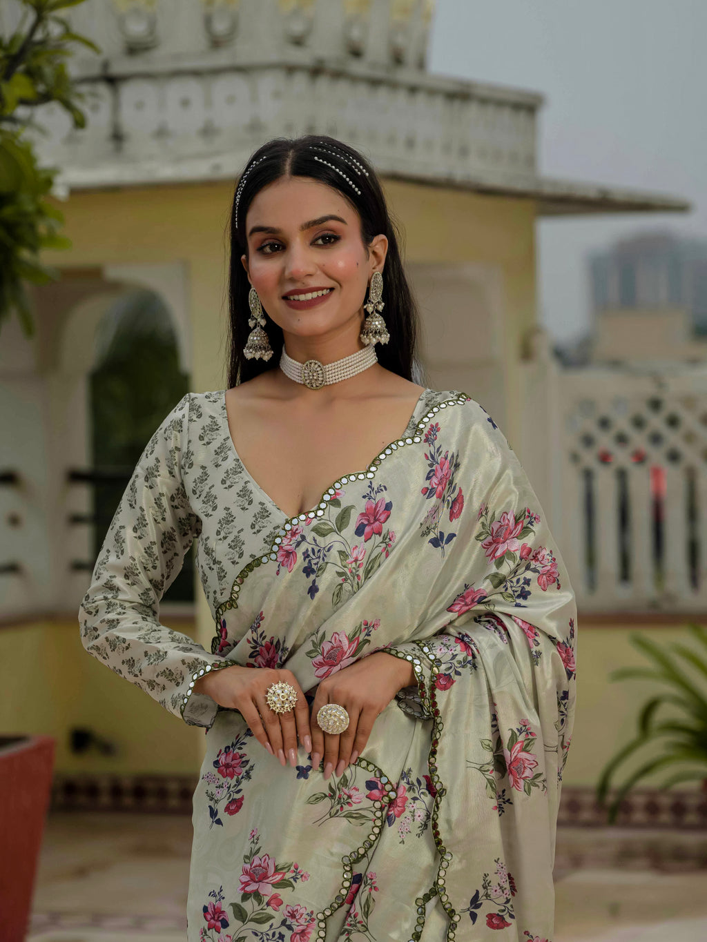 Ready to Wear Sage Green Heavy Chinnon Printed Saree