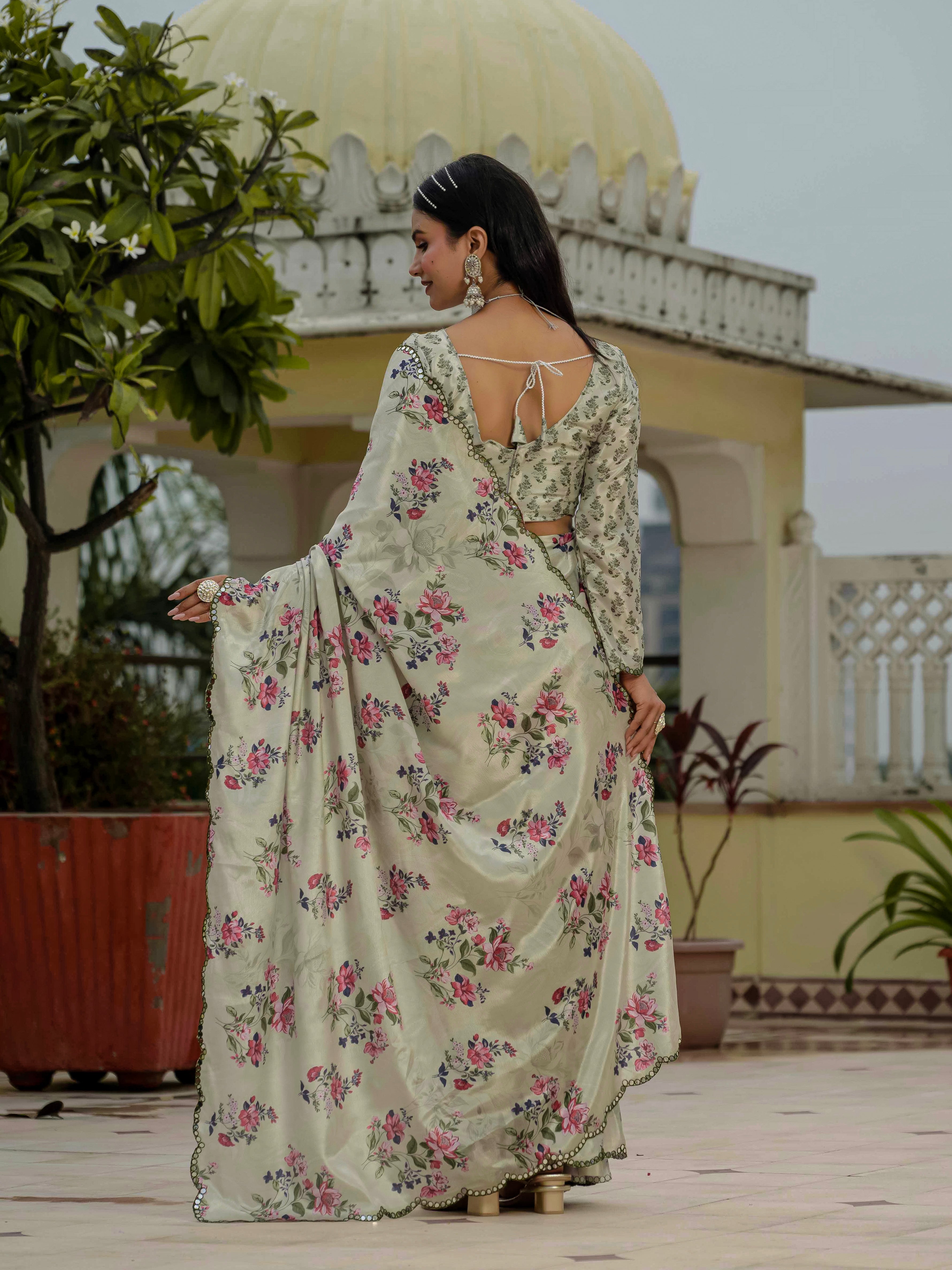 Ready to Wear Sage Green Heavy Chinnon Printed Saree