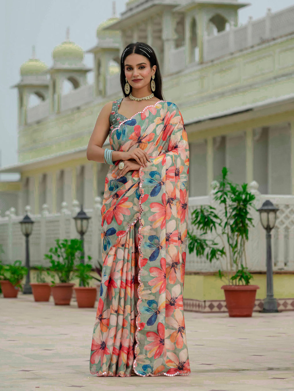 Ready to Wear Soft Sage Green Heavy Chinnon Printed Saree