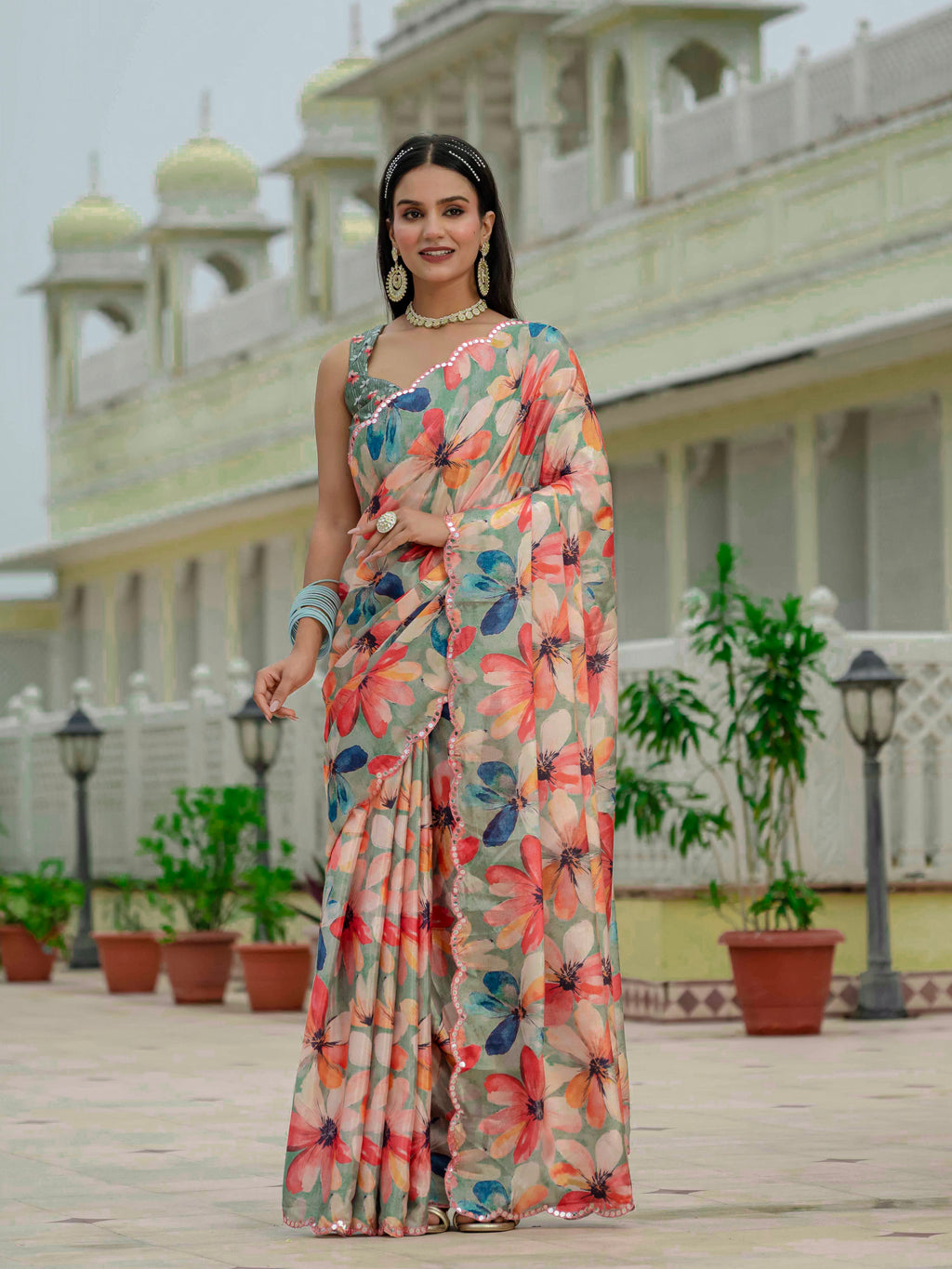 Ready to Wear Soft Sage Green Heavy Chinnon Printed Saree