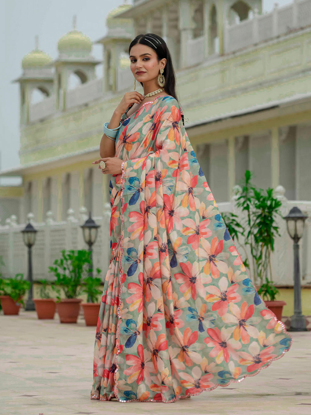 Ready to Wear Soft Sage Green Heavy Chinnon Printed Saree