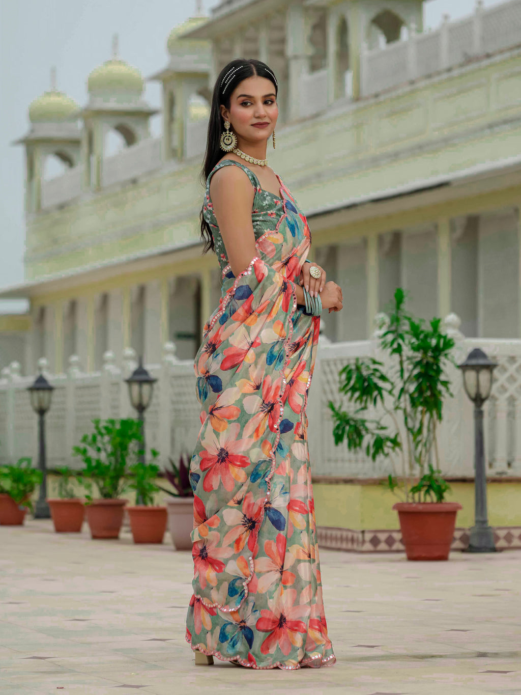Ready to Wear Soft Sage Green Heavy Chinnon Printed Saree