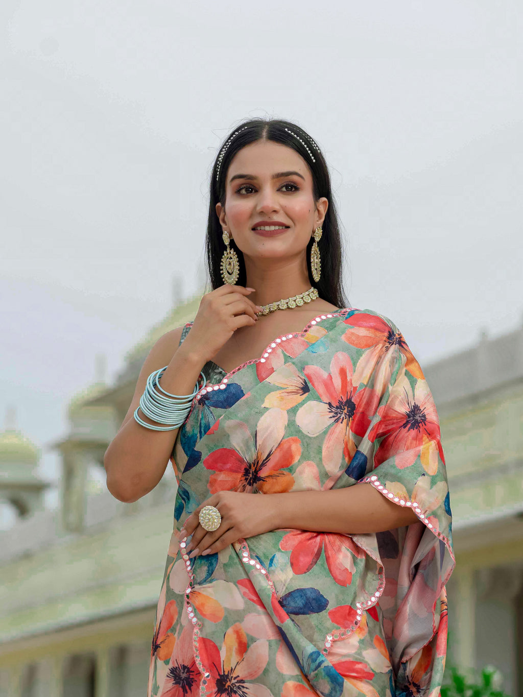 Ready to Wear Soft Sage Green Heavy Chinnon Printed Saree