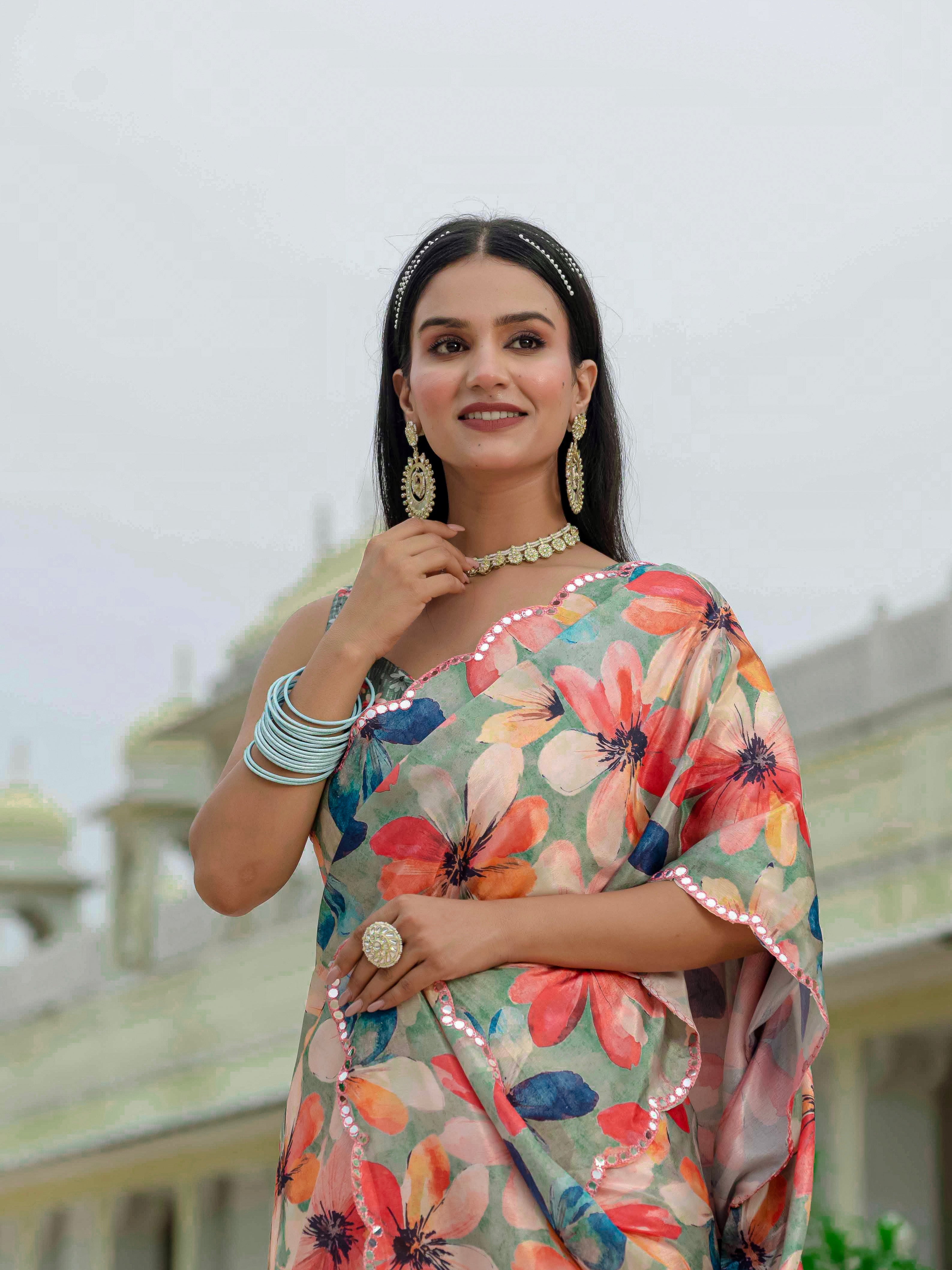 Ready to Wear Soft Sage Green Heavy Chinnon Printed Saree