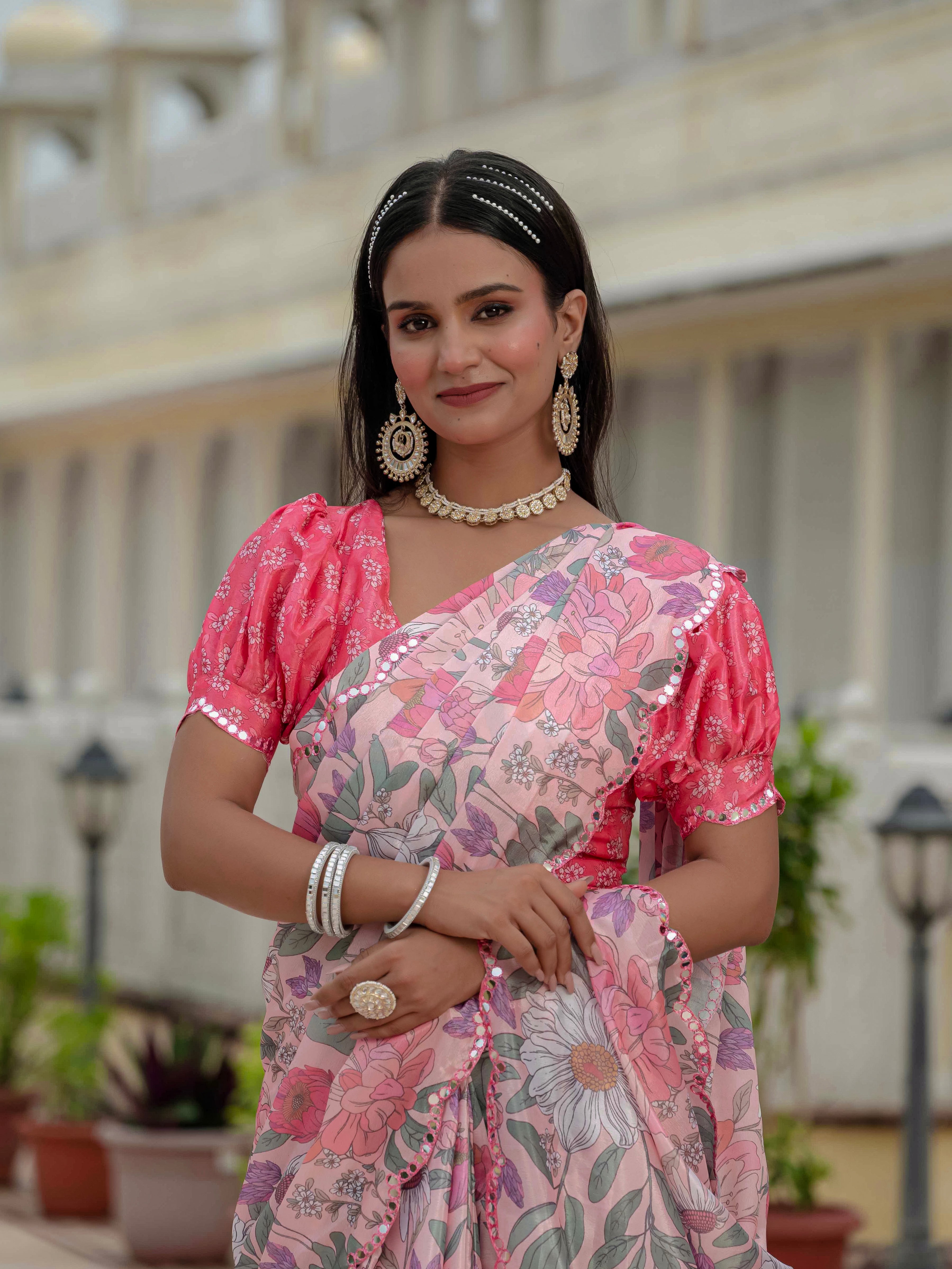 Ready to Wear Pastel Rose Heavy Chinnon Printed Saree