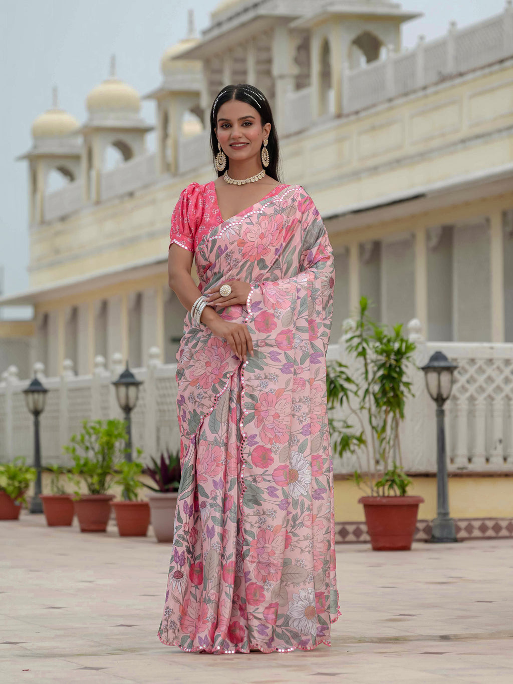 Ready to Wear Pastel Rose Heavy Chinnon Printed Saree
