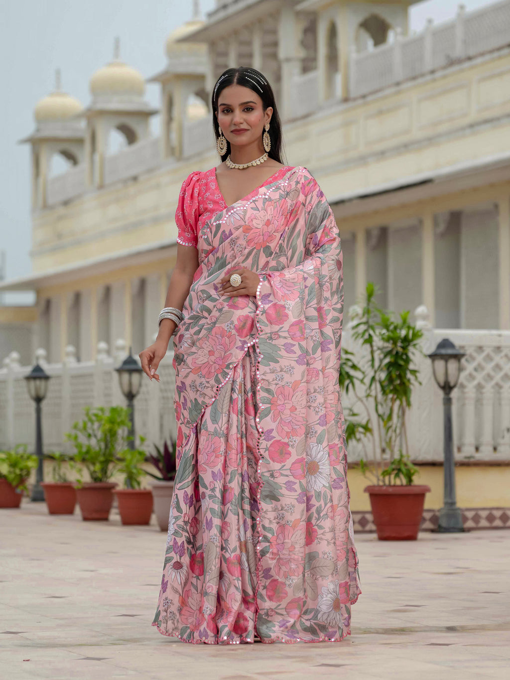 Ready to Wear Pastel Rose Heavy Chinnon Printed Saree