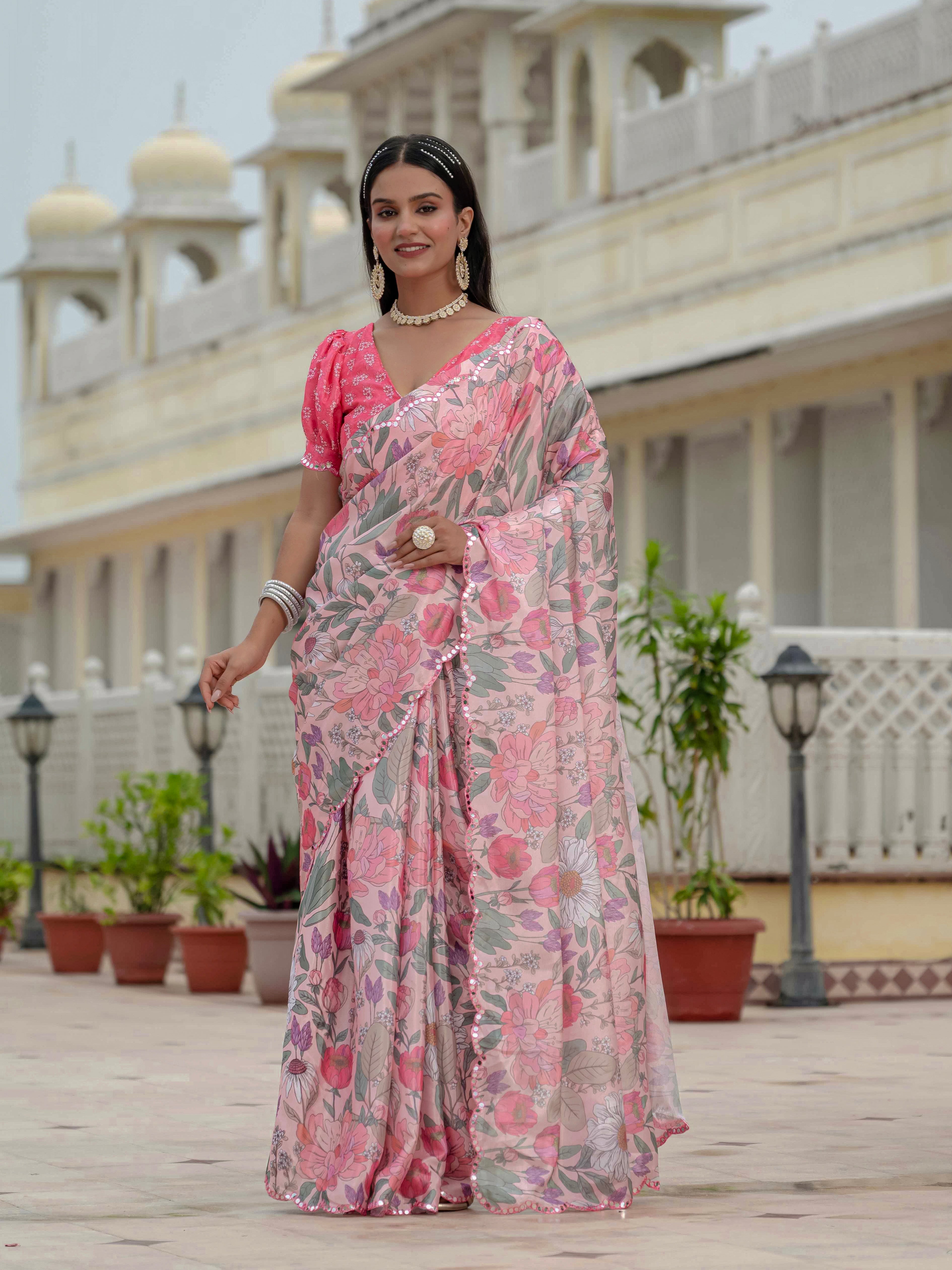 Ready to Wear Pastel Rose Heavy Chinnon Printed Saree