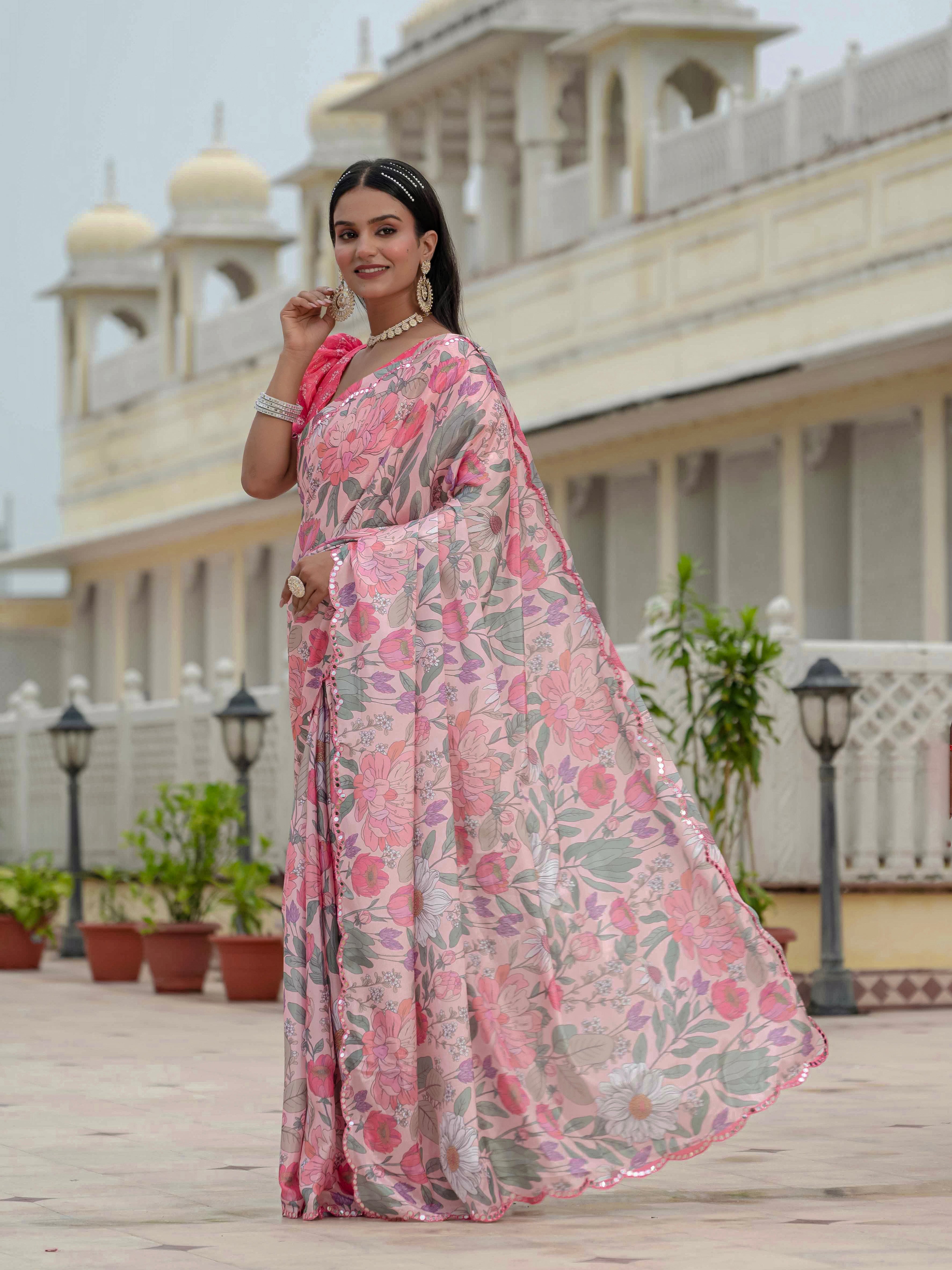 Ready to Wear Pastel Rose Heavy Chinnon Printed Saree
