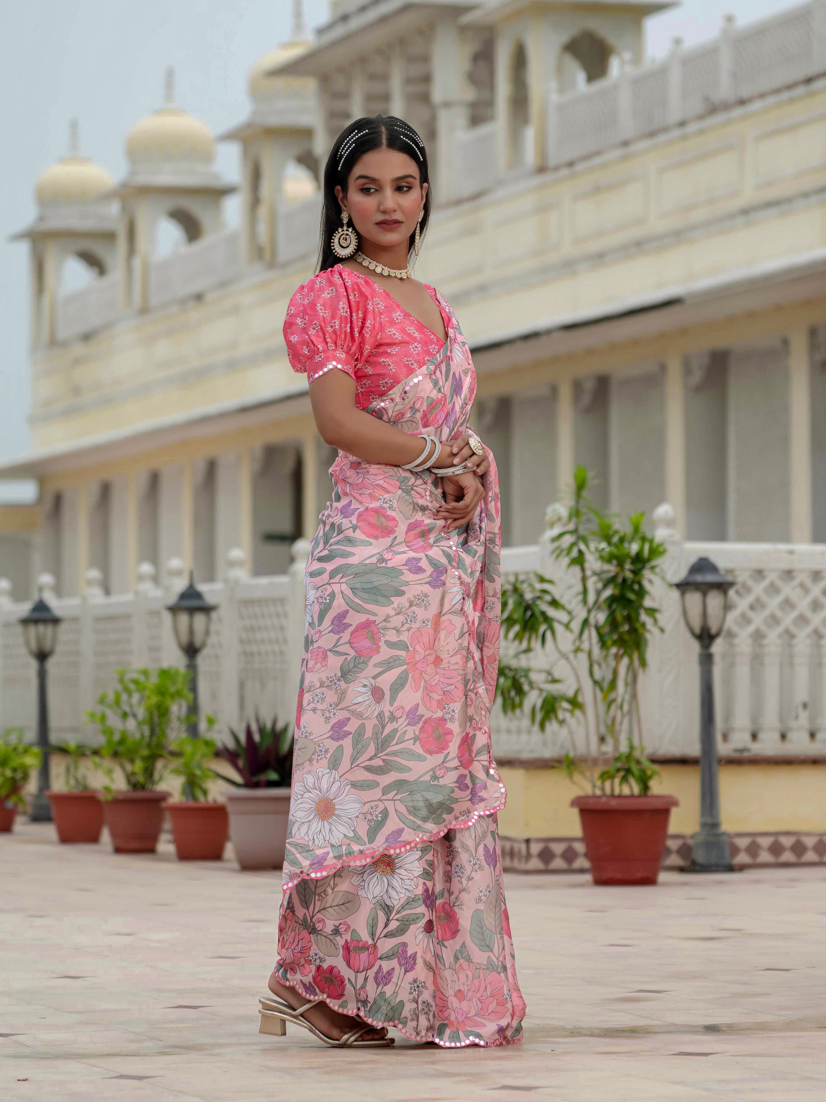Ready to Wear Pastel Rose Heavy Chinnon Printed Saree