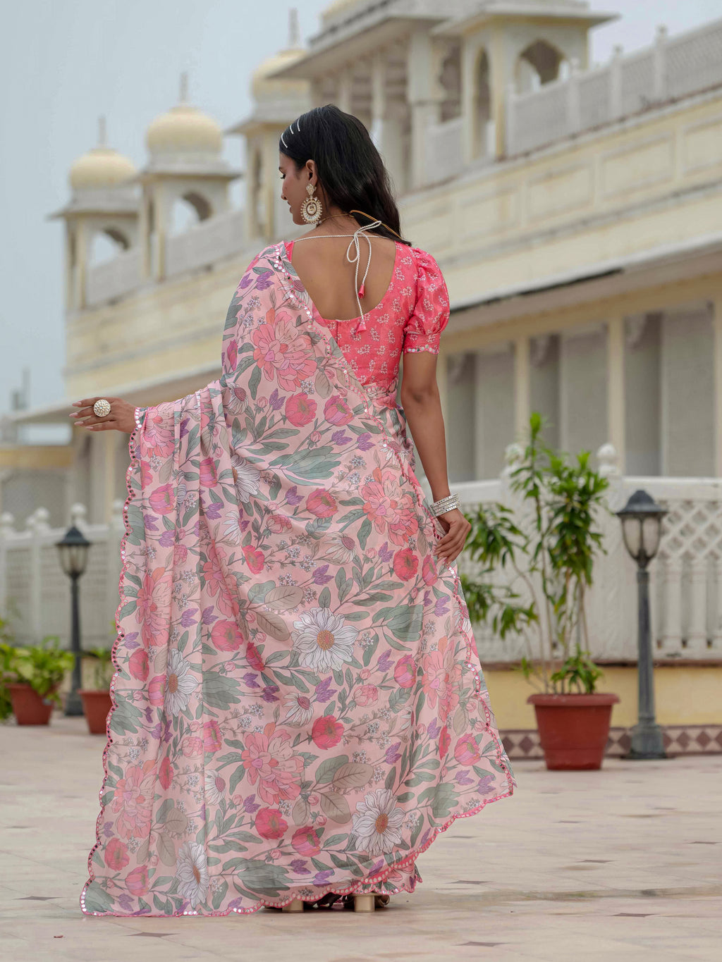 Ready to Wear Pastel Rose Heavy Chinnon Printed Saree