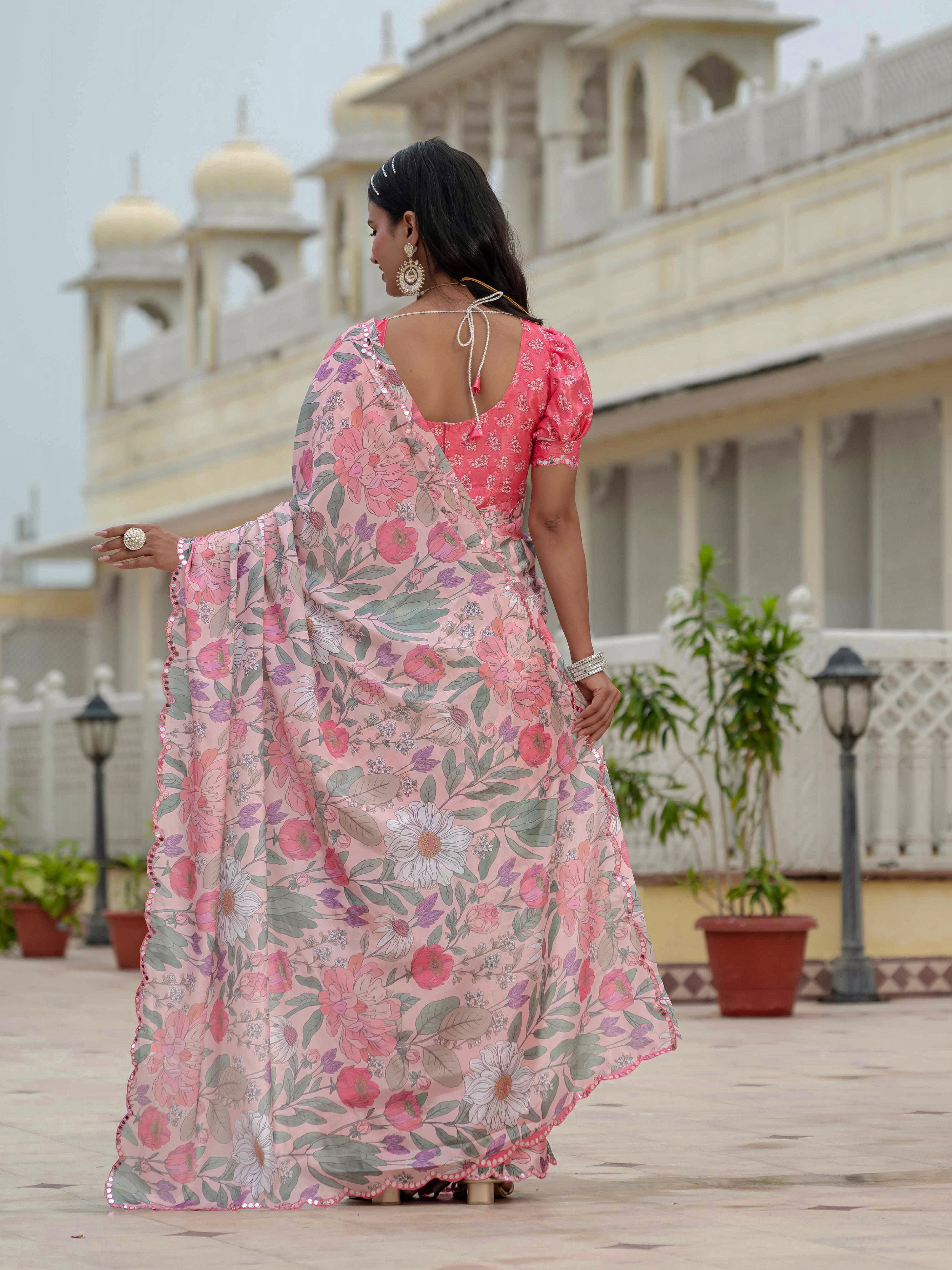 Ready to Wear Pastel Rose Heavy Chinnon Printed Saree