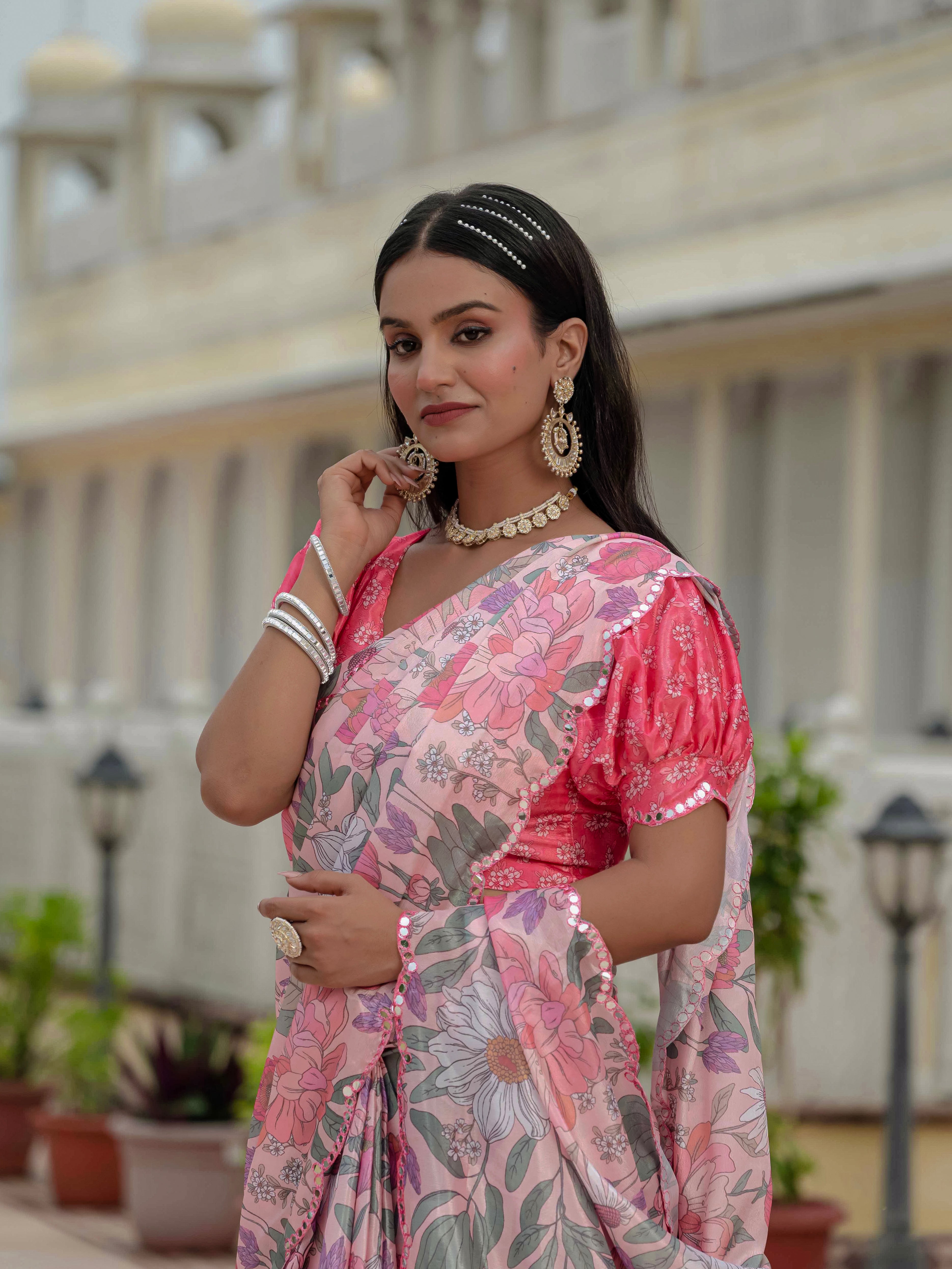 Ready to Wear Pastel Rose Heavy Chinnon Printed Saree