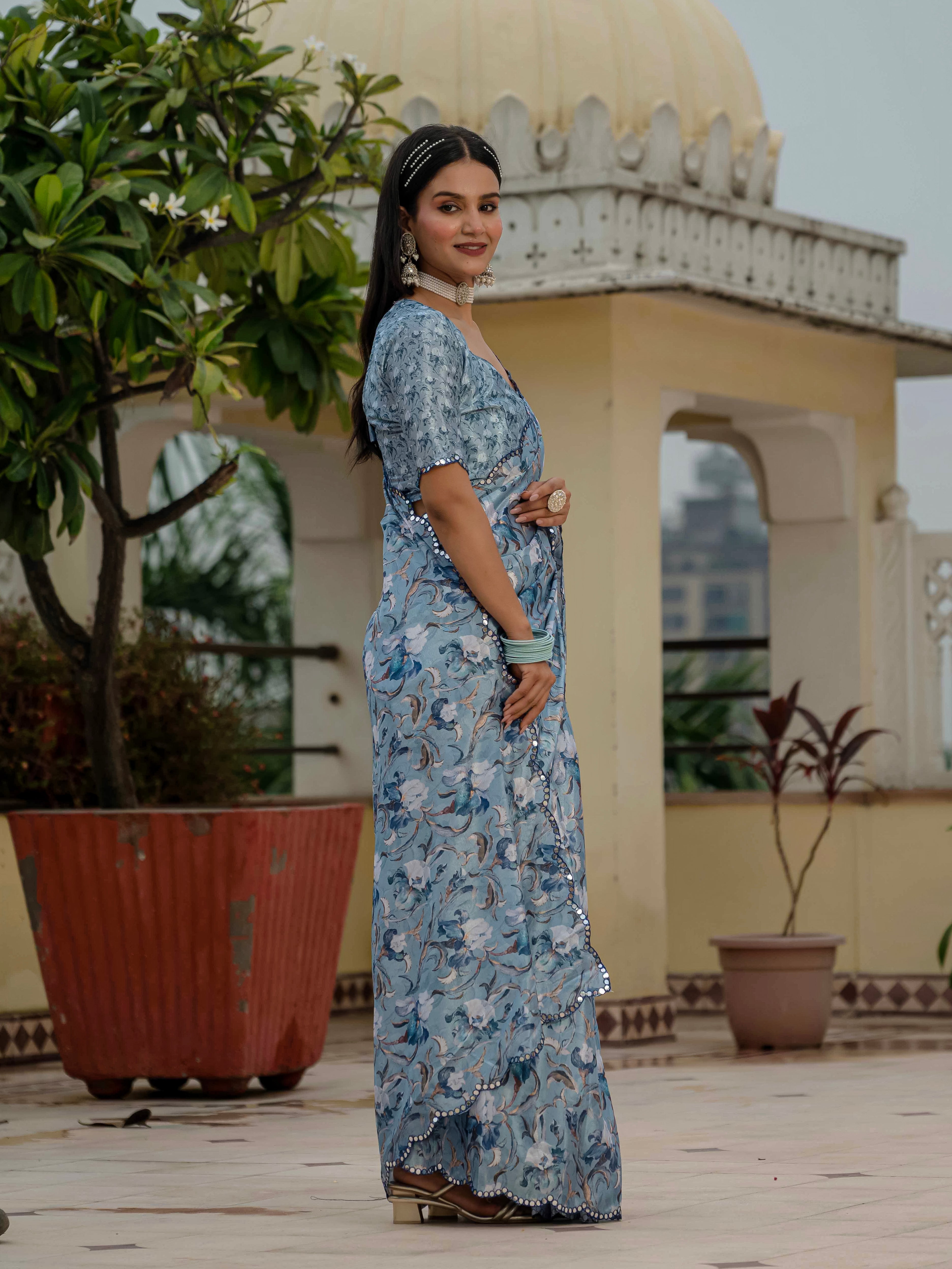Ready to Wear Soft Powder Blue Heavy Chinnon Printed Saree