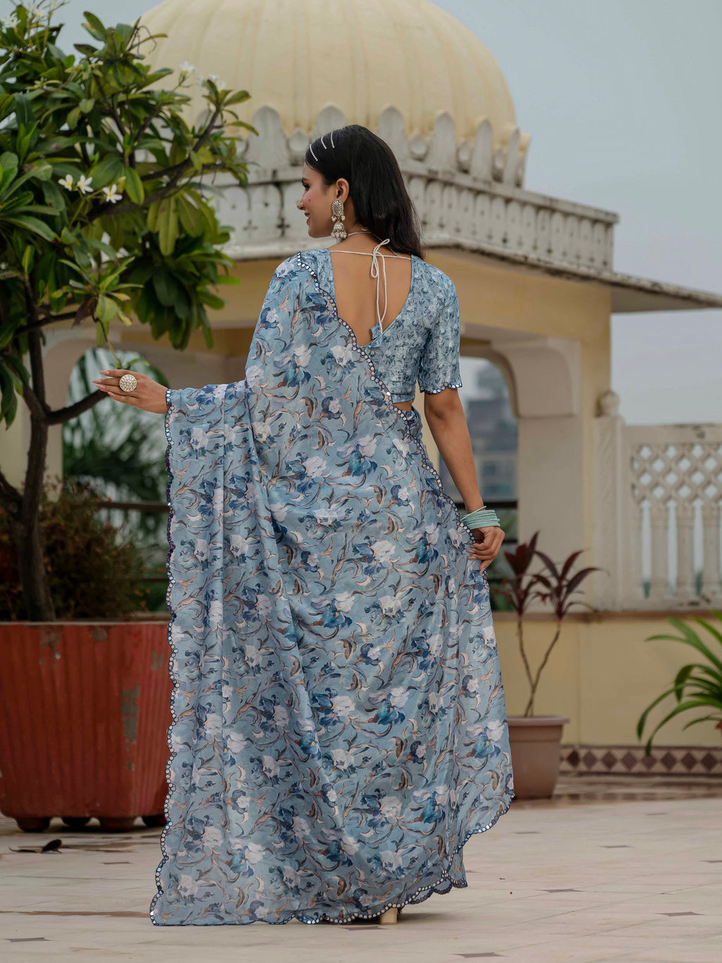 Ready to Wear Soft Powder Blue Heavy Chinnon Printed Saree