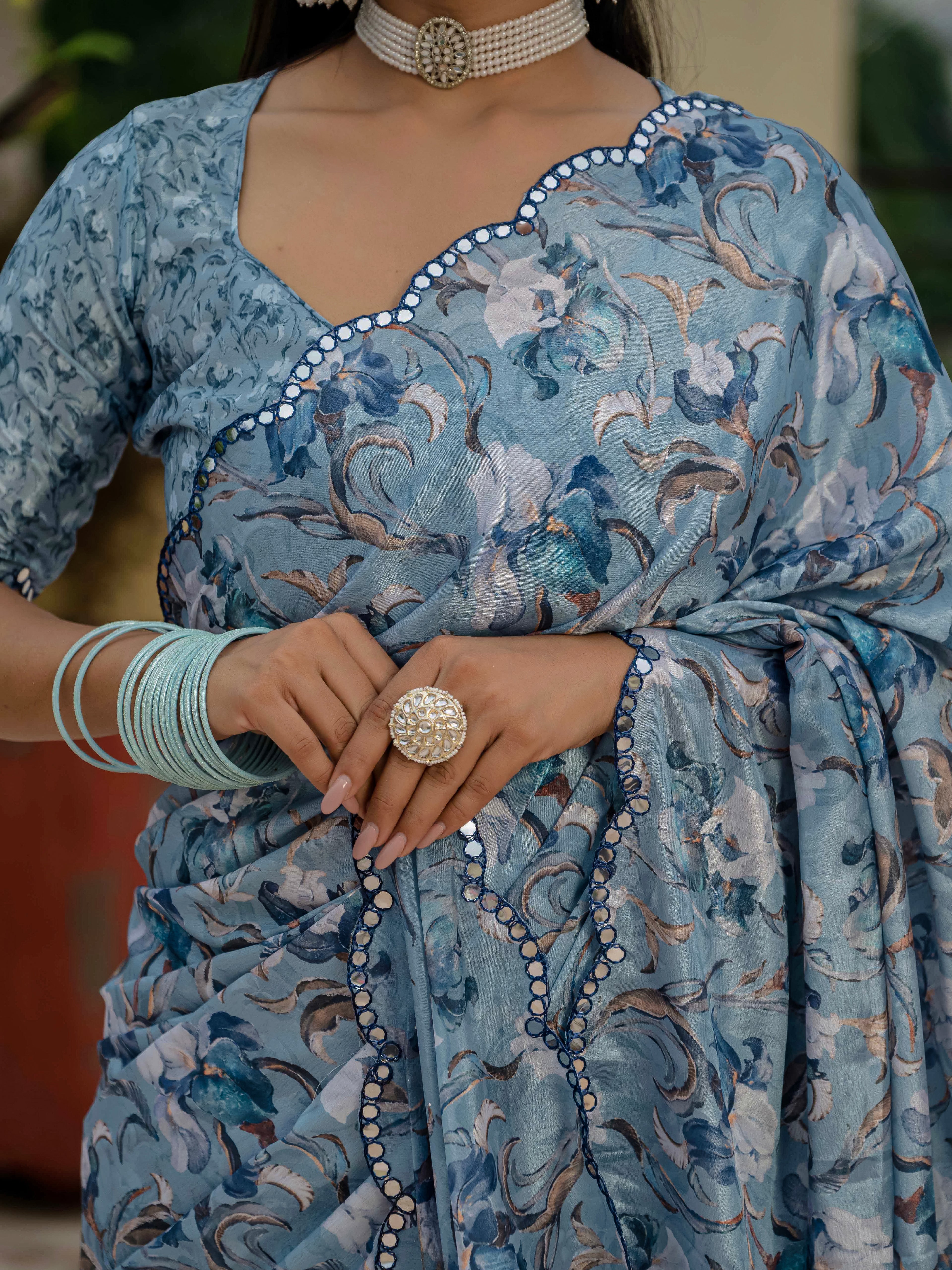 Ready to Wear Soft Powder Blue Heavy Chinnon Printed Saree