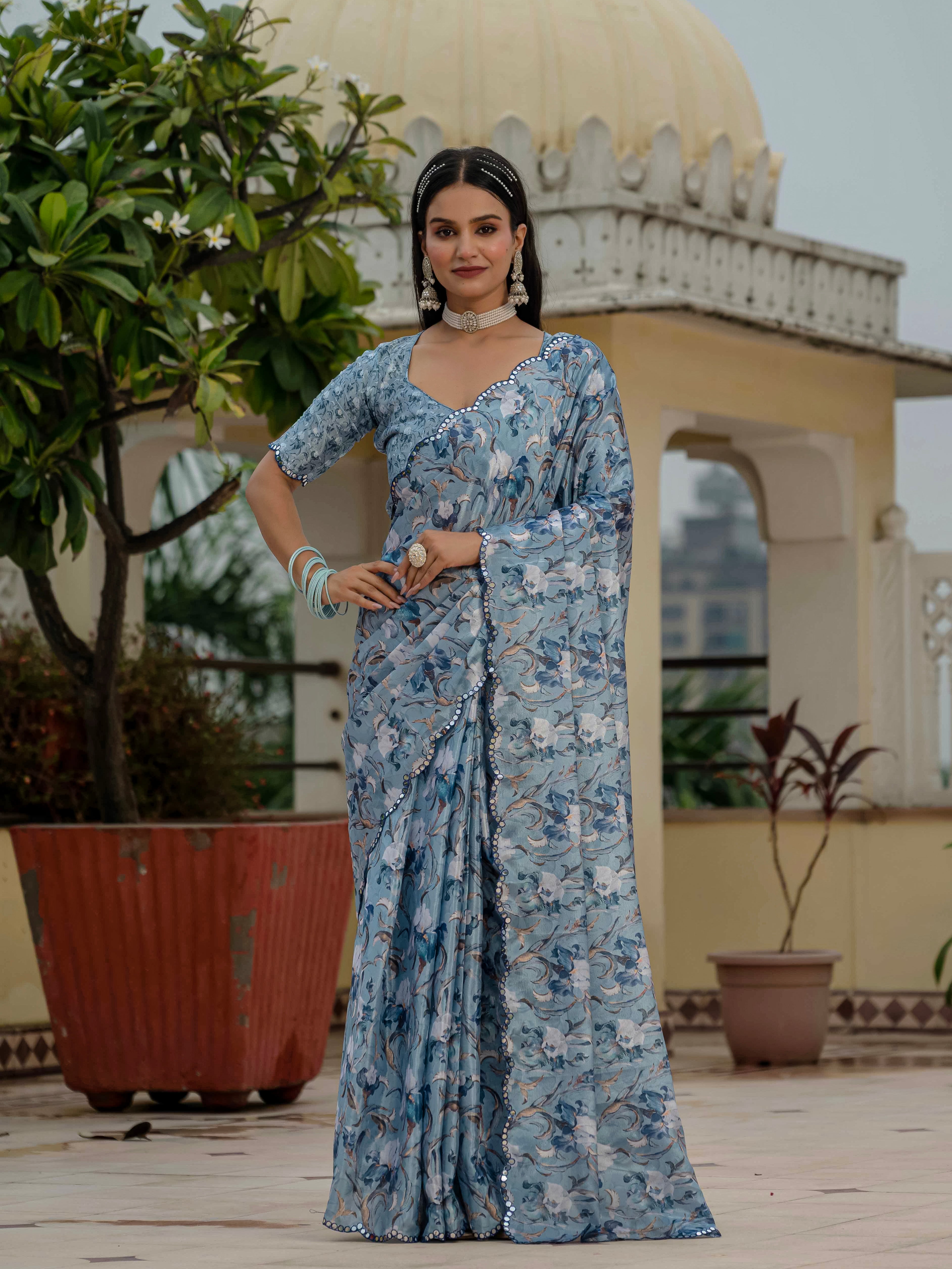 Ready to Wear Soft Powder Blue Heavy Chinnon Printed Saree