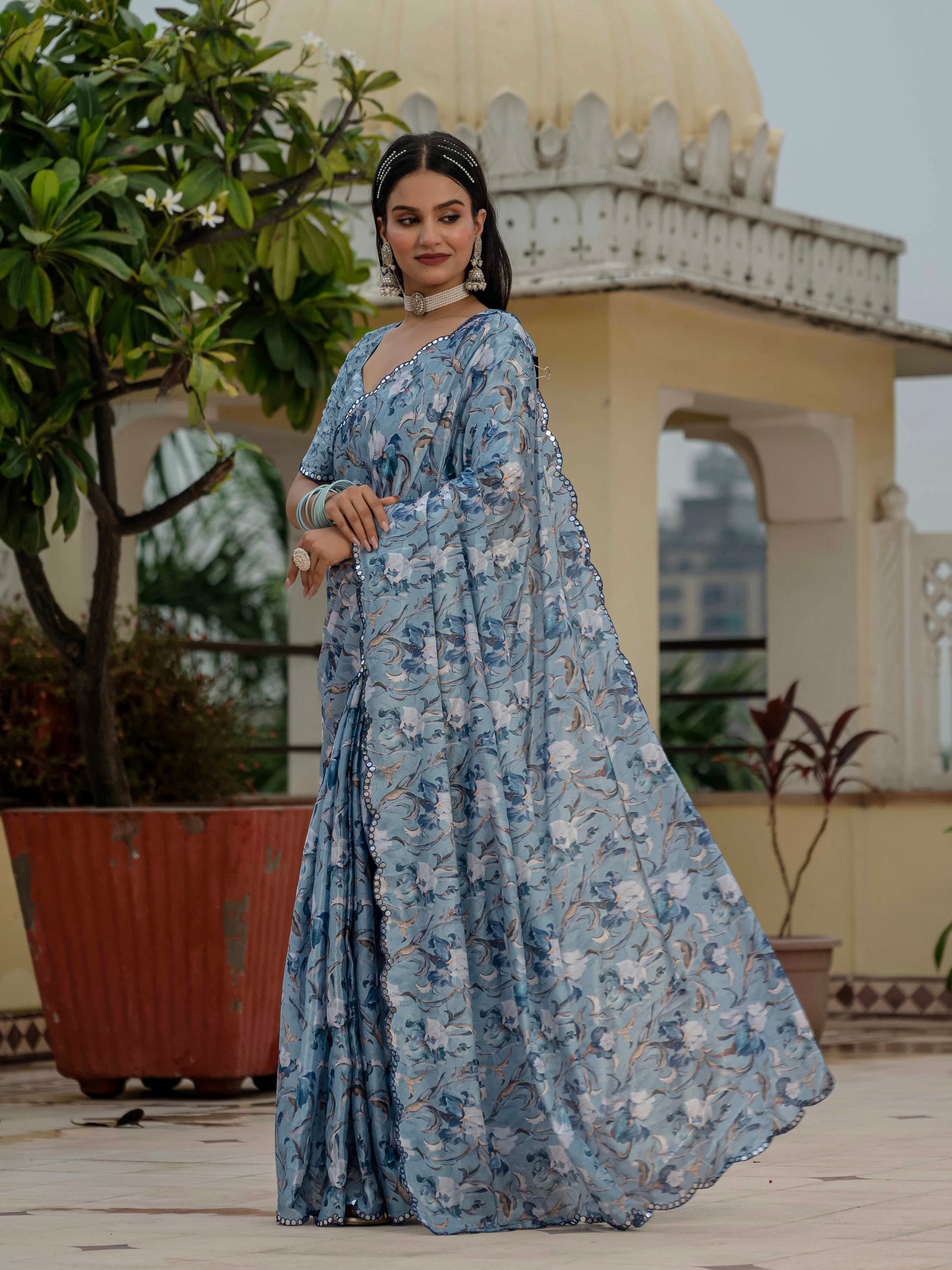 Ready to Wear Soft Powder Blue Heavy Chinnon Printed Saree