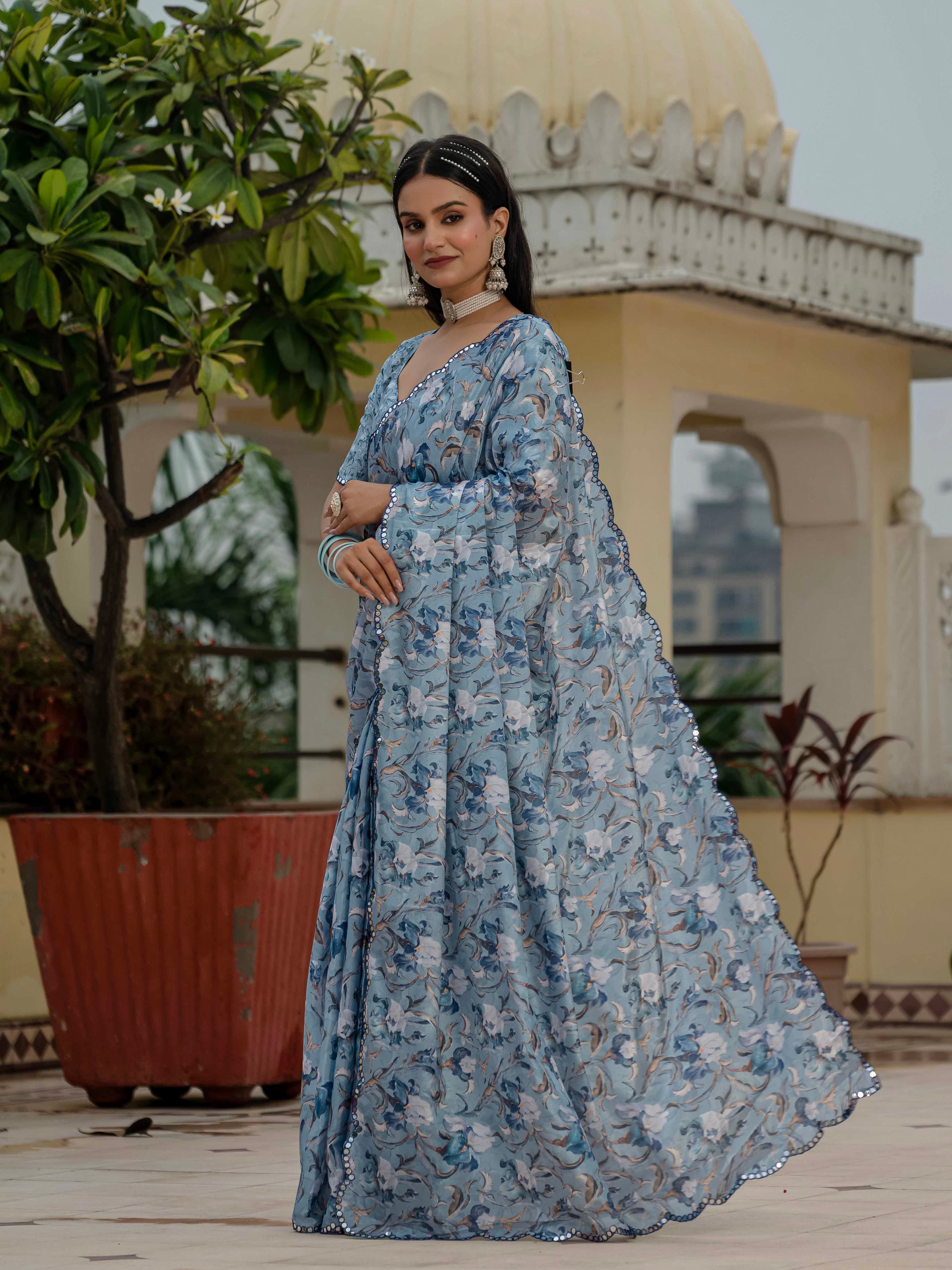 Ready to Wear Soft Powder Blue Heavy Chinnon Printed Saree