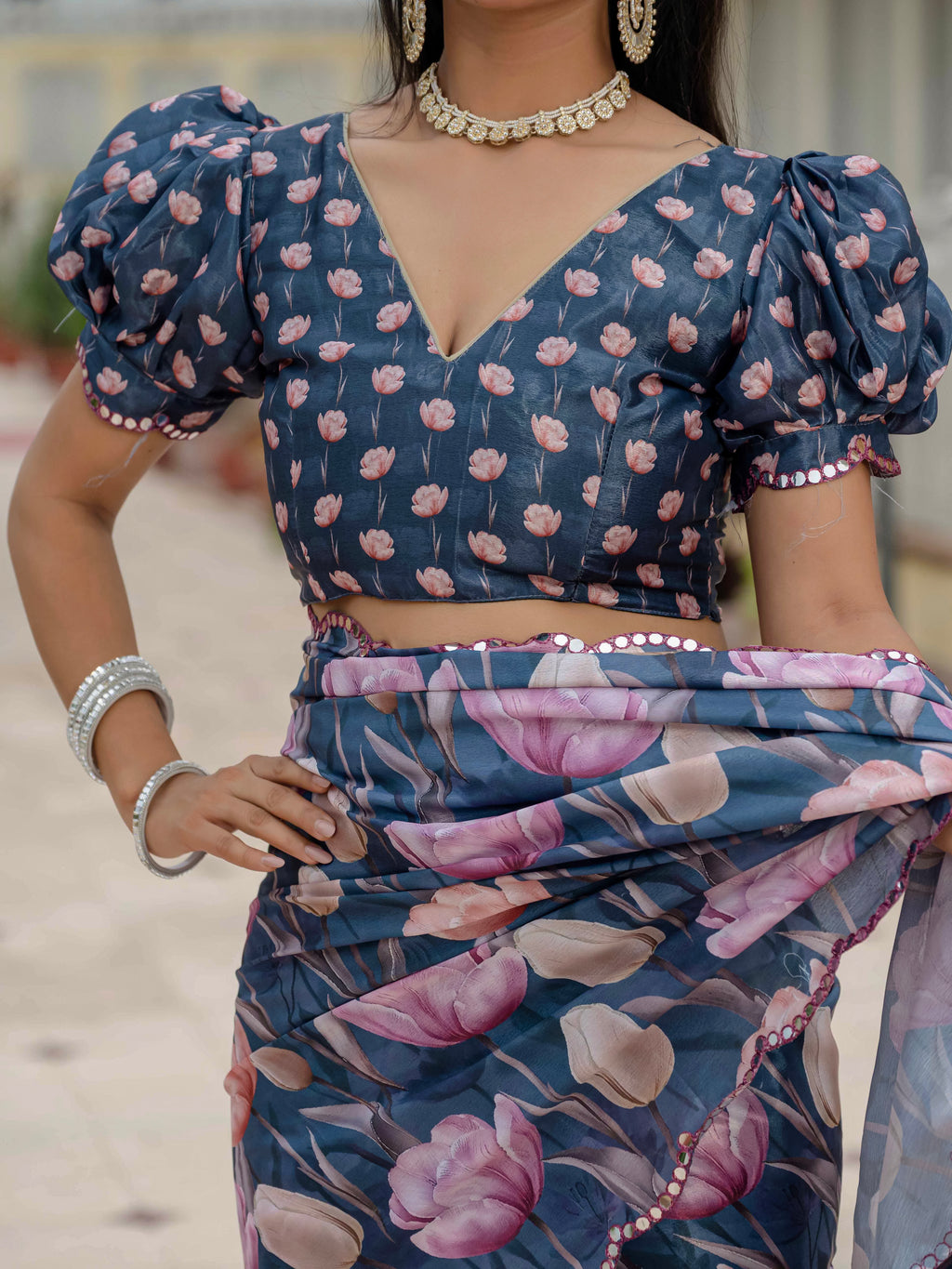 Ready to Wear Steel Blue Heavy Chinnon Printed Saree