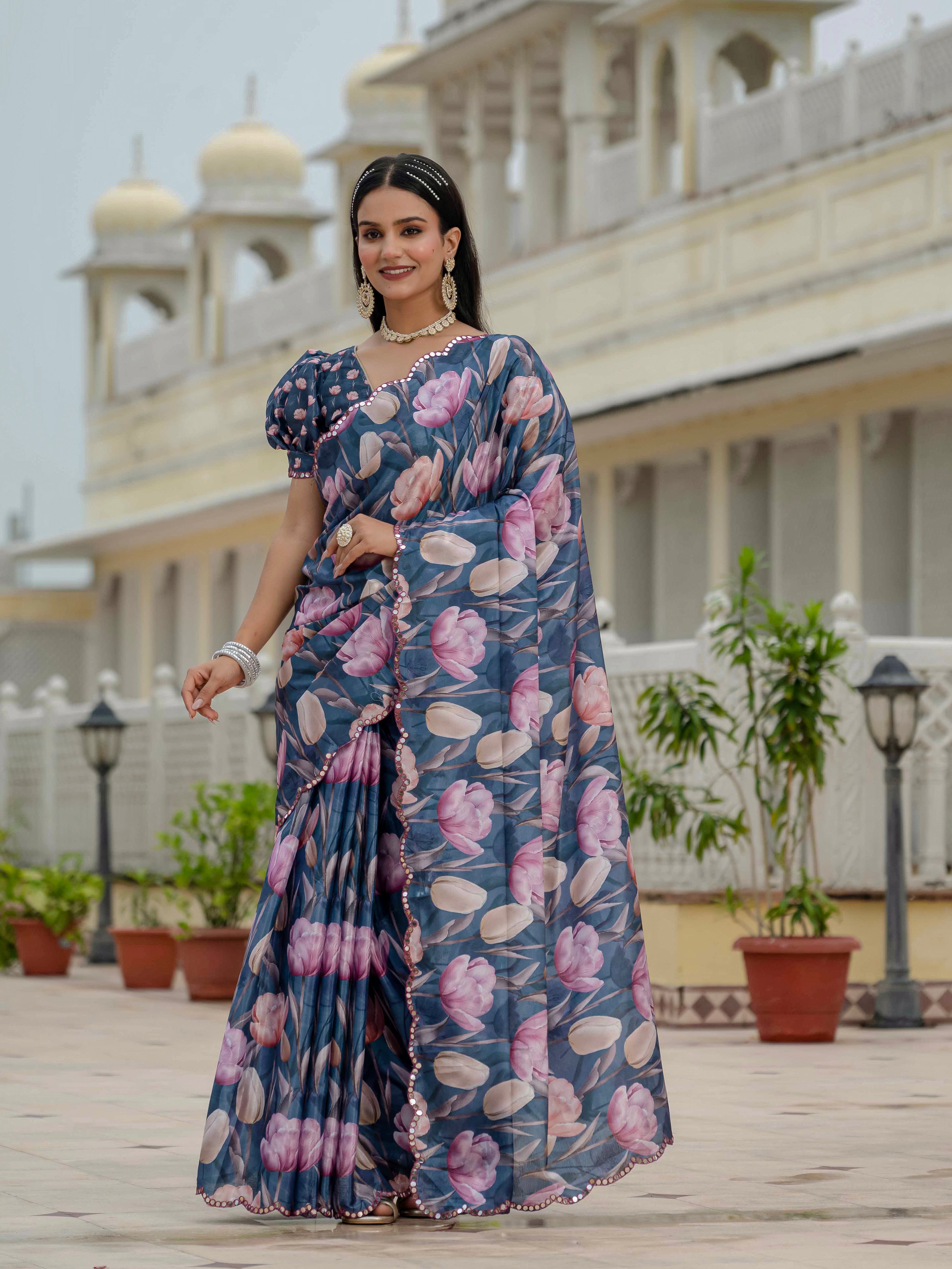 Ready to Wear Steel Blue Heavy Chinnon Printed Saree