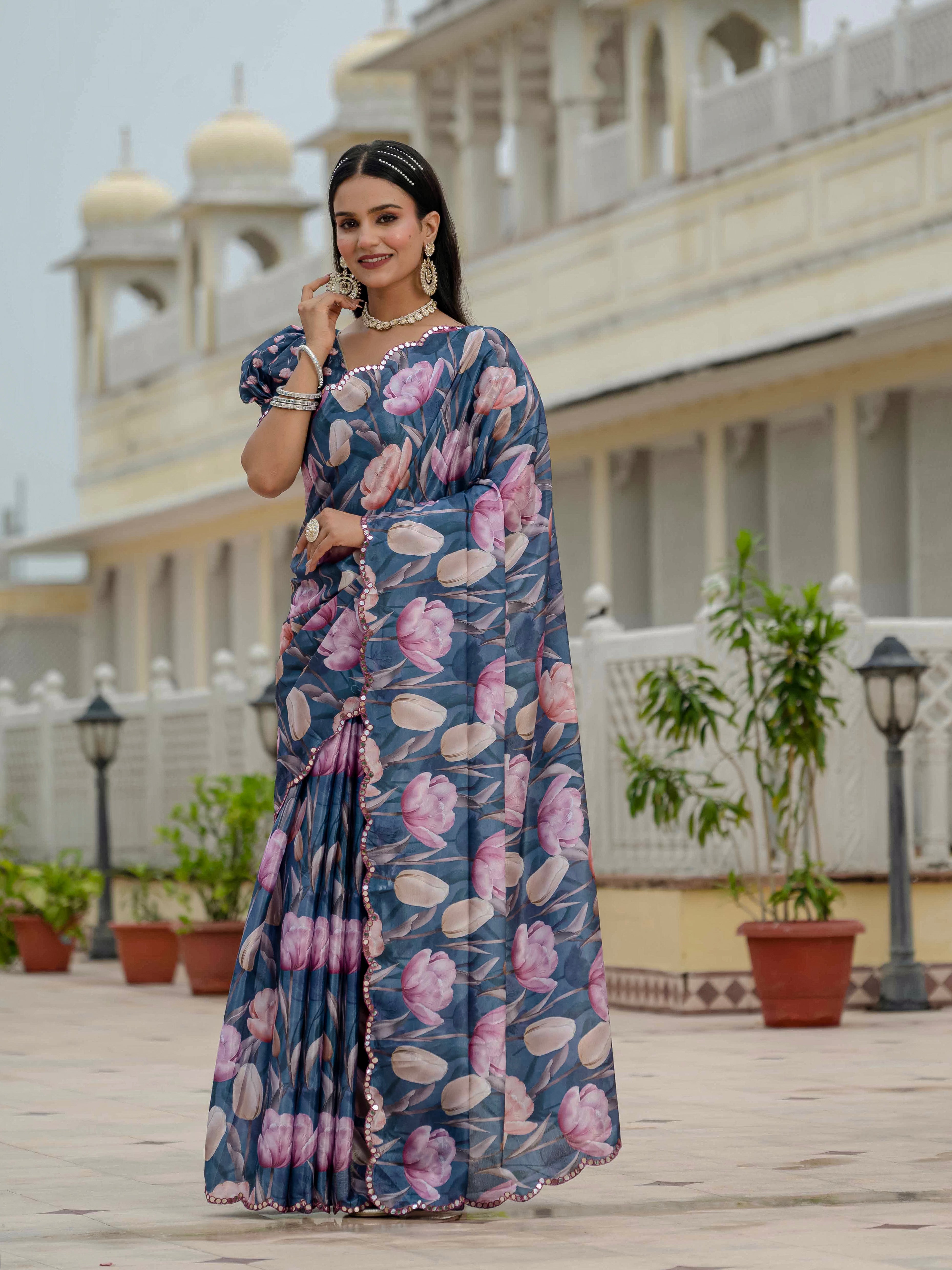 Ready to Wear Steel Blue Heavy Chinnon Printed Saree