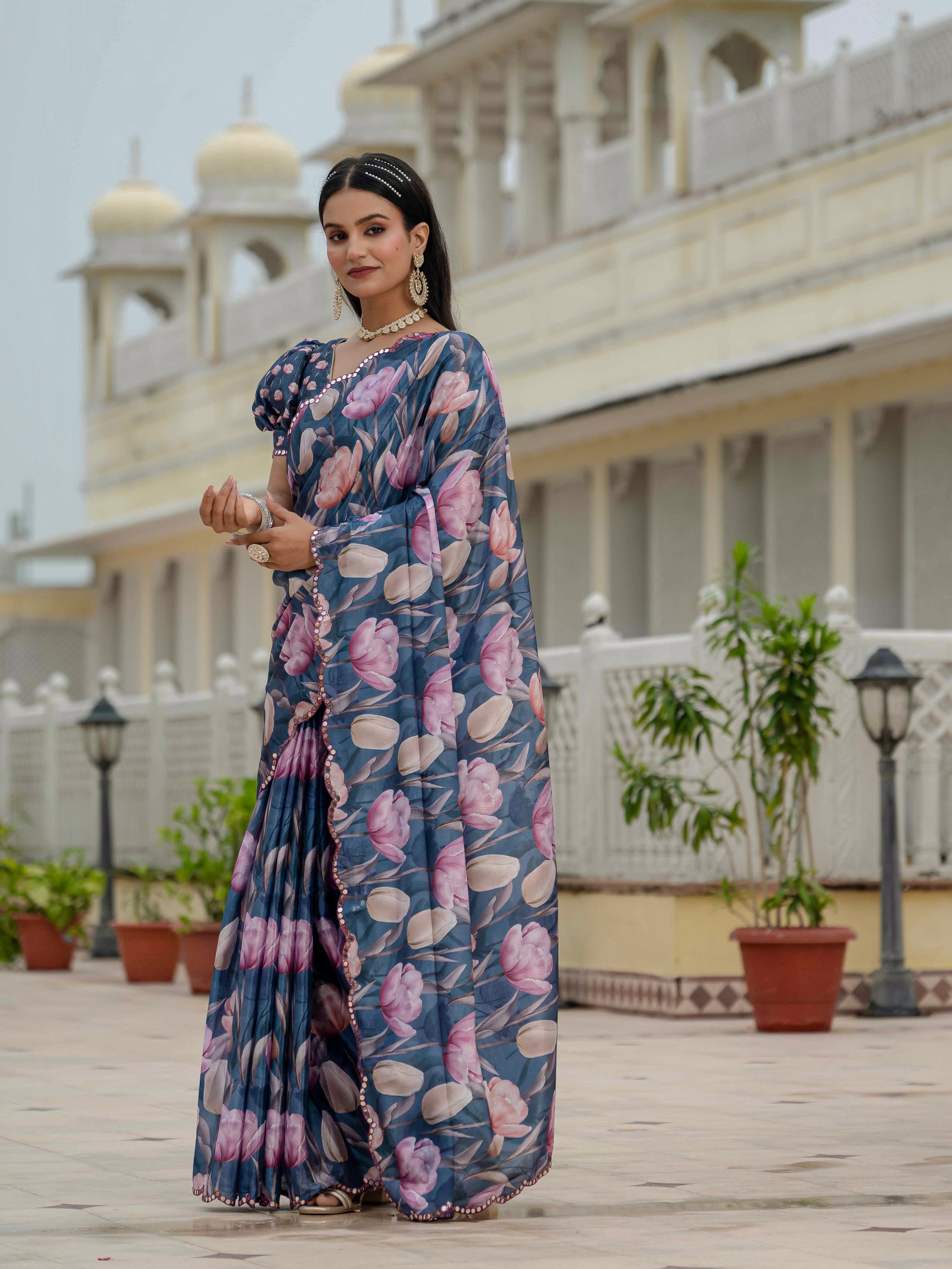 Ready to Wear Steel Blue Heavy Chinnon Printed Saree