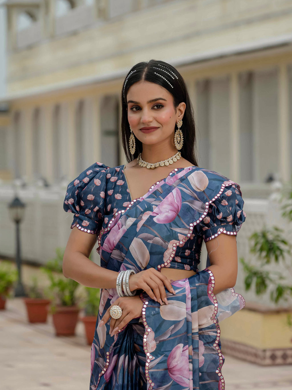 Ready to Wear Steel Blue Heavy Chinnon Printed Saree