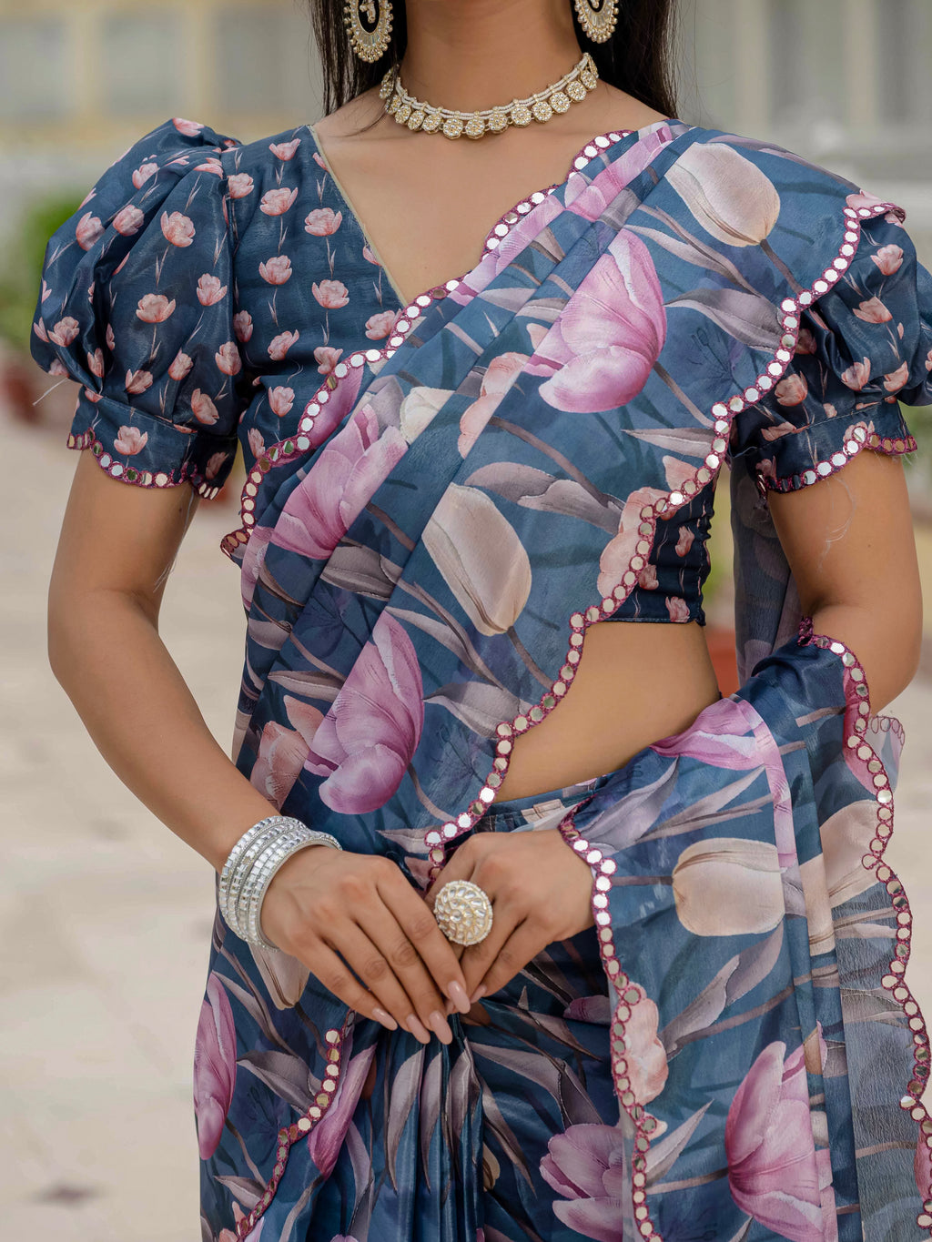 Ready to Wear Steel Blue Heavy Chinnon Printed Saree