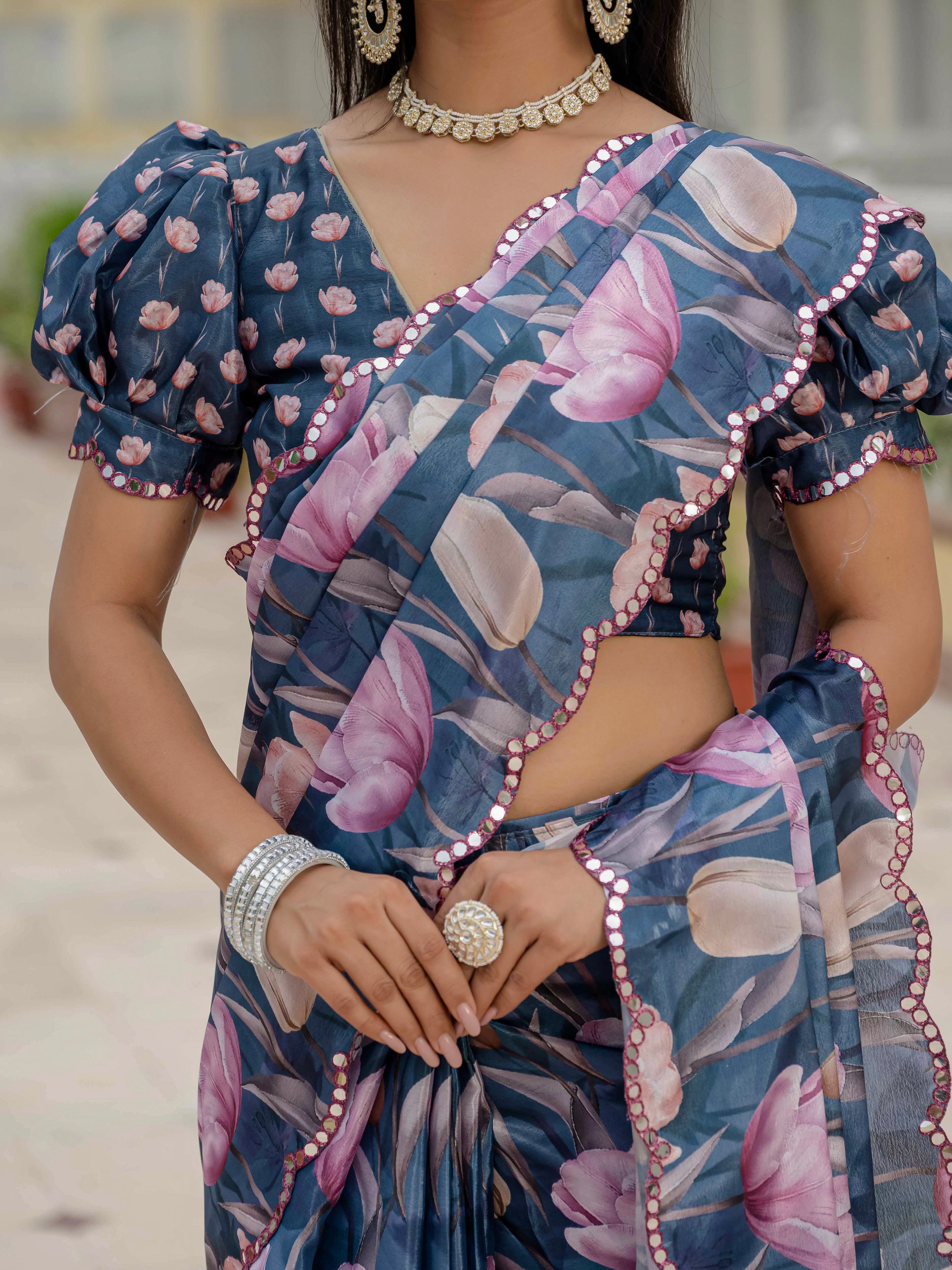 Ready to Wear Steel Blue Heavy Chinnon Printed Saree