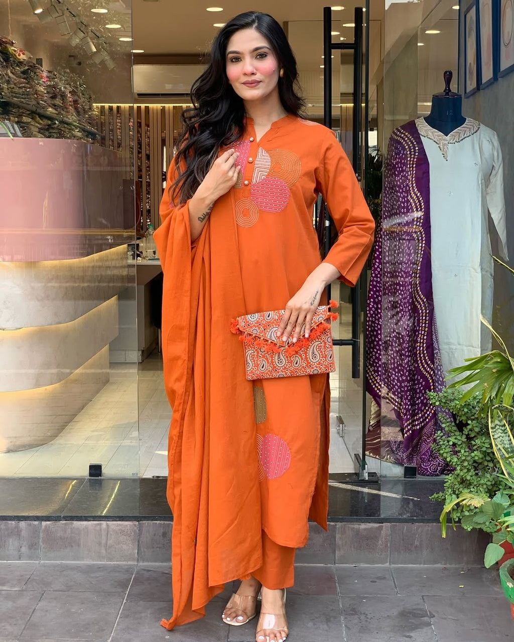 Rust Orange Embroidered Kurta Set | Rayon Slub with Chanderi Dupatta