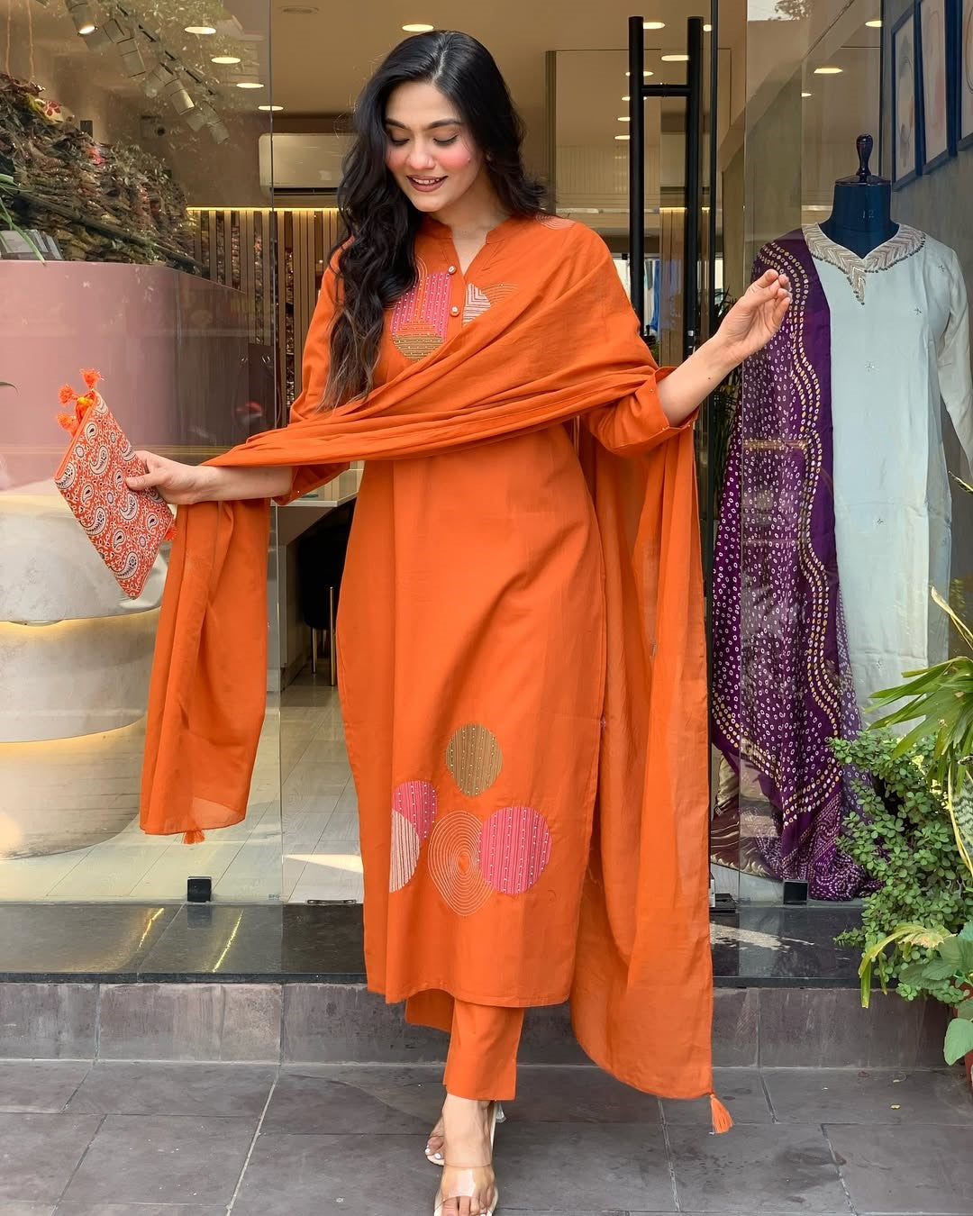 Rust Orange Embroidered Kurta Set | Rayon Slub with Chanderi Dupatta