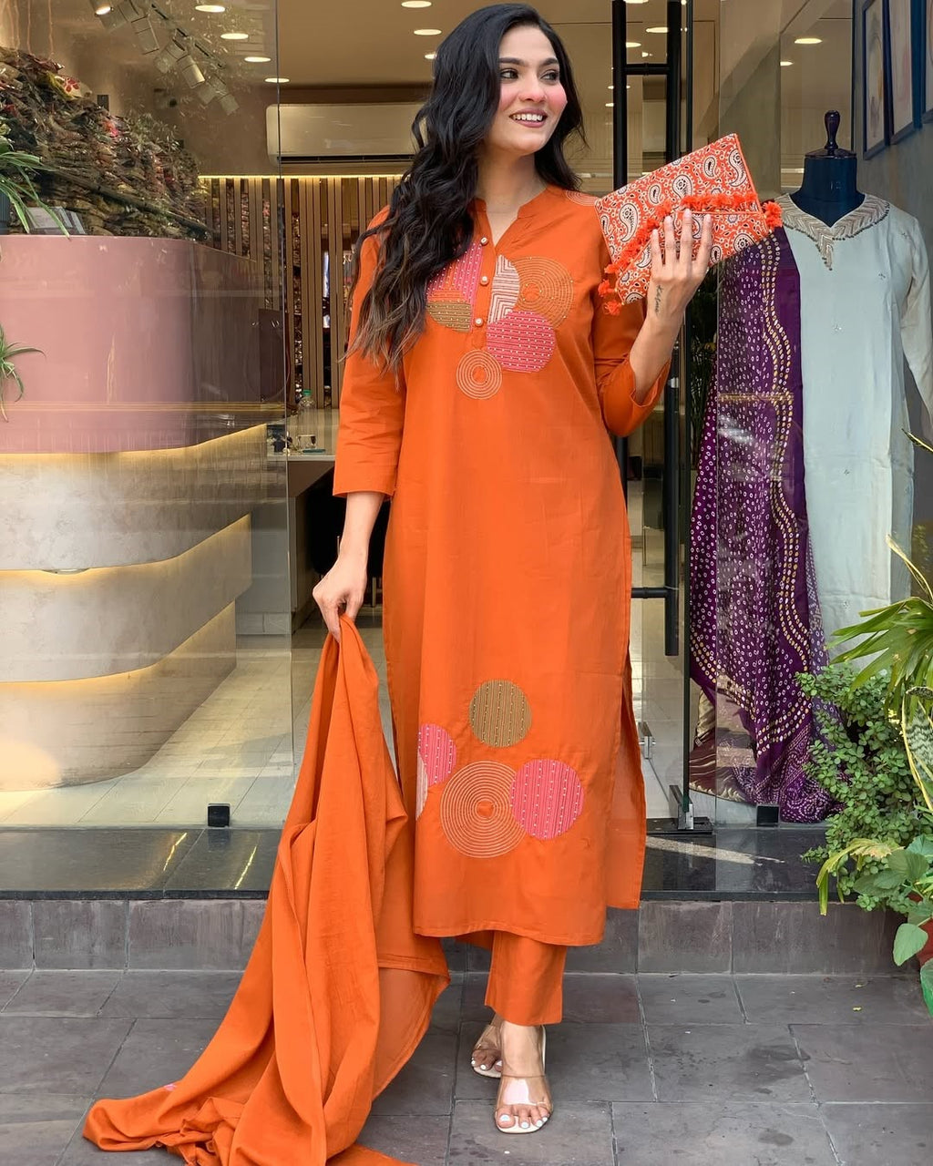 Rust Orange Embroidered Kurta Set | Rayon Slub with Chanderi Dupatta