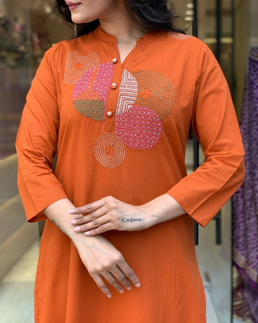 Rust Orange Embroidered Kurta Set | Rayon Slub with Chanderi Dupatta
