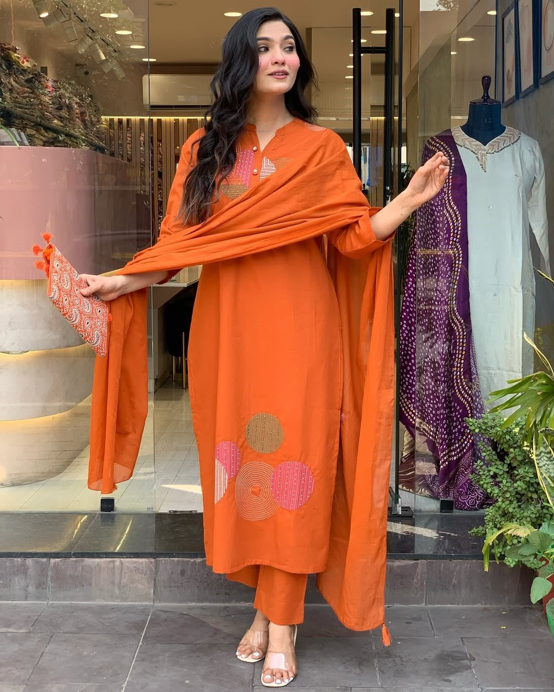Rust Orange Embroidered Kurta Set | Rayon Slub with Chanderi Dupatta