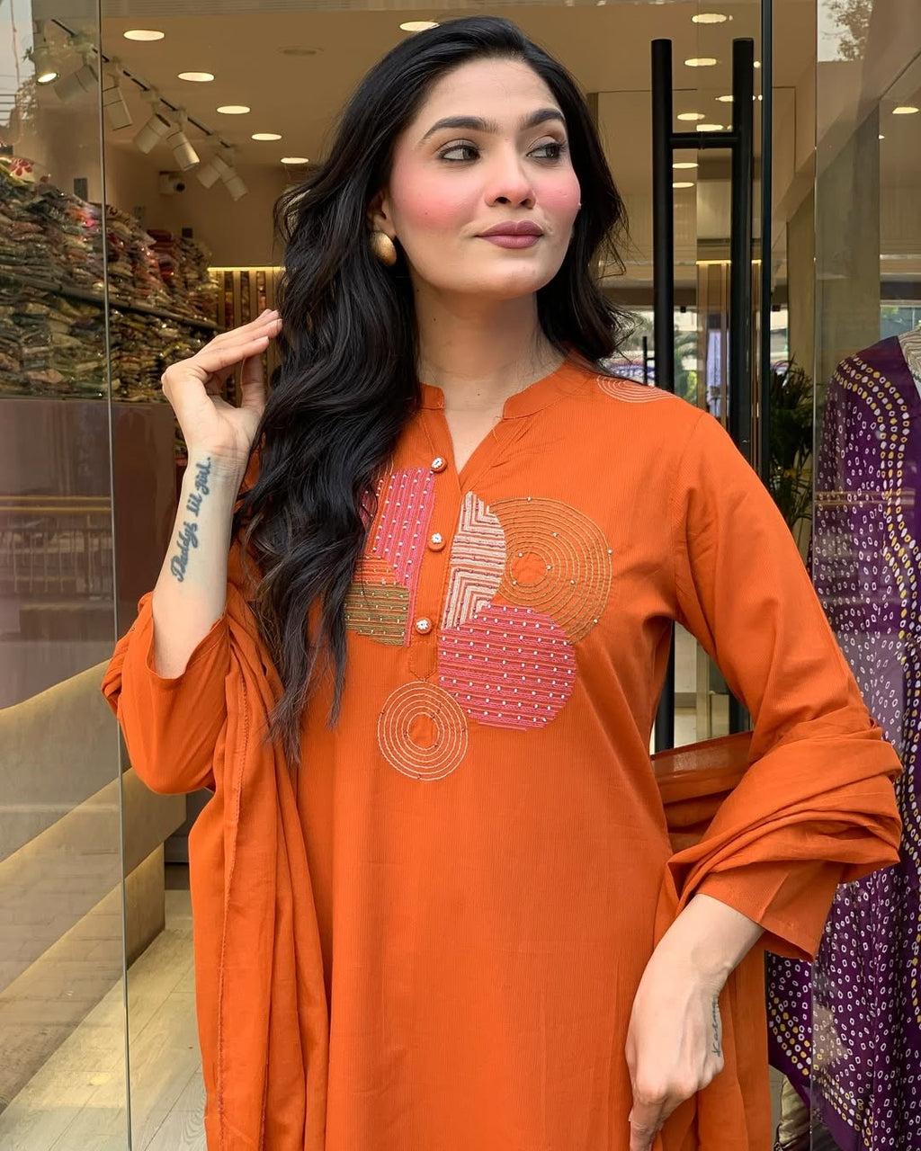Rust Orange Embroidered Kurta Set | Rayon Slub with Chanderi Dupatta