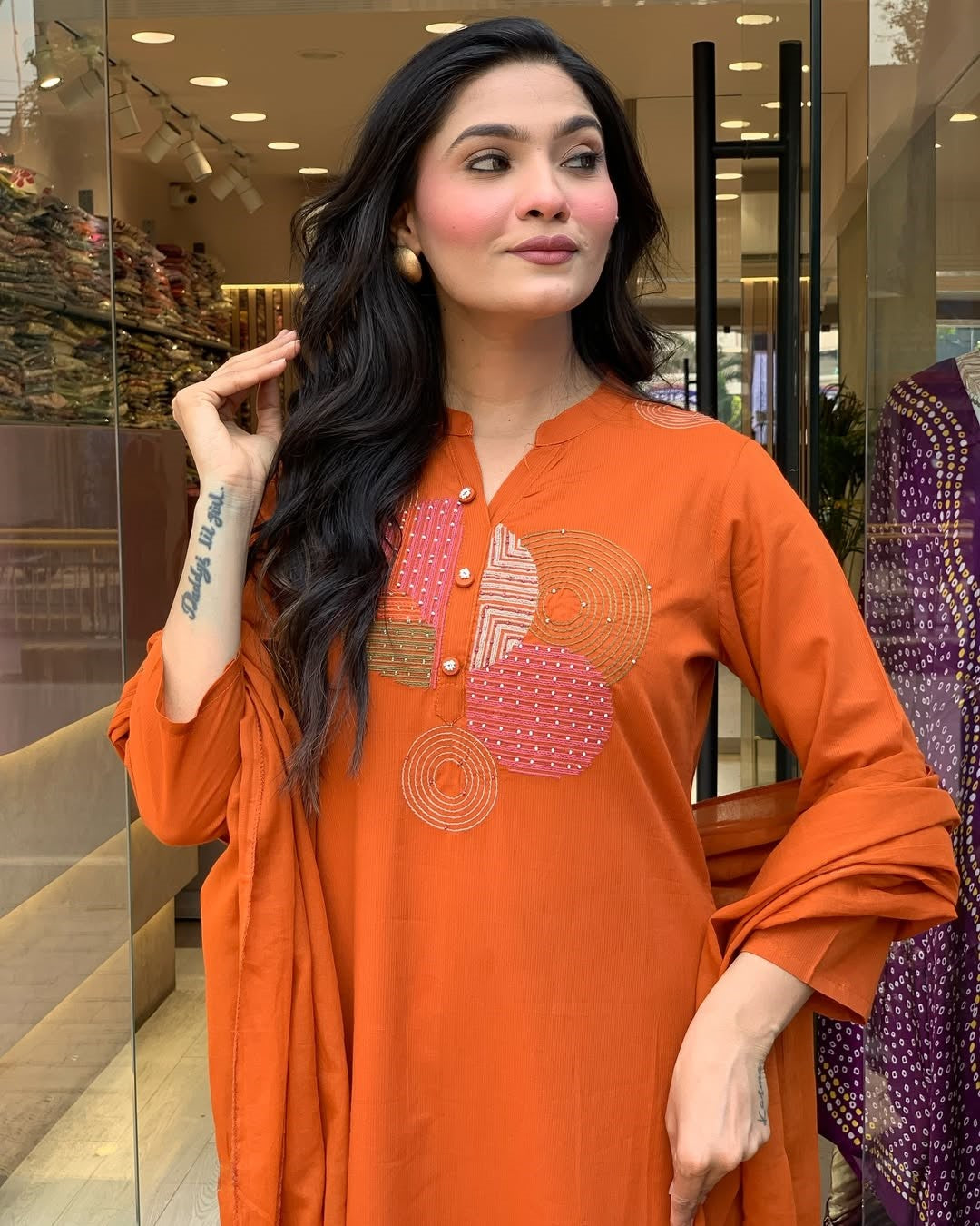 Rust Orange Embroidered Kurta Set | Rayon Slub with Chanderi Dupatta