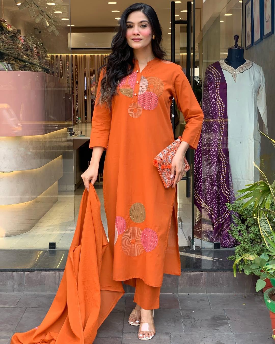 Rust Orange Embroidered Kurta Set | Rayon Slub with Chanderi Dupatta