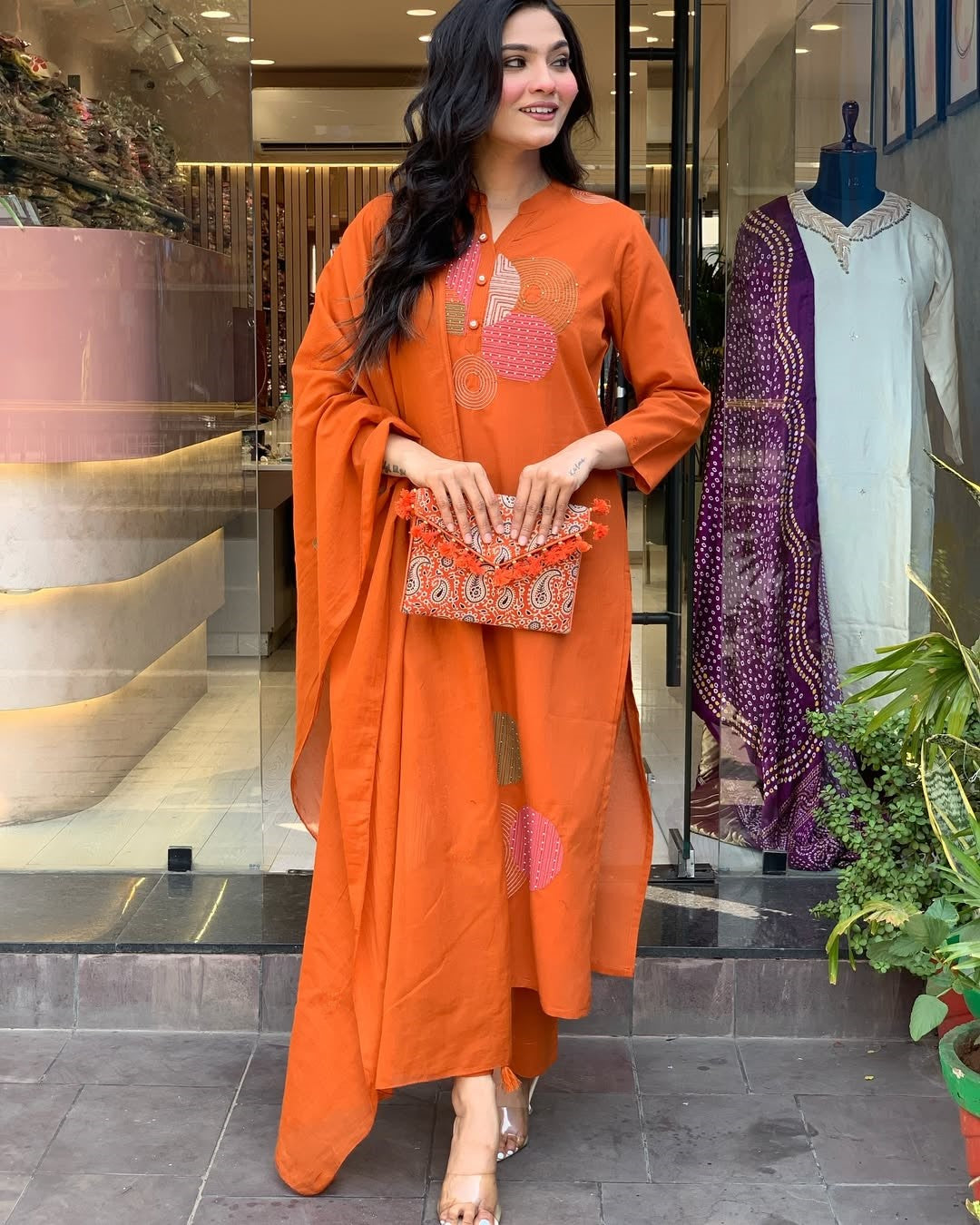 Rust Orange Embroidered Kurta Set | Rayon Slub with Chanderi Dupatta
