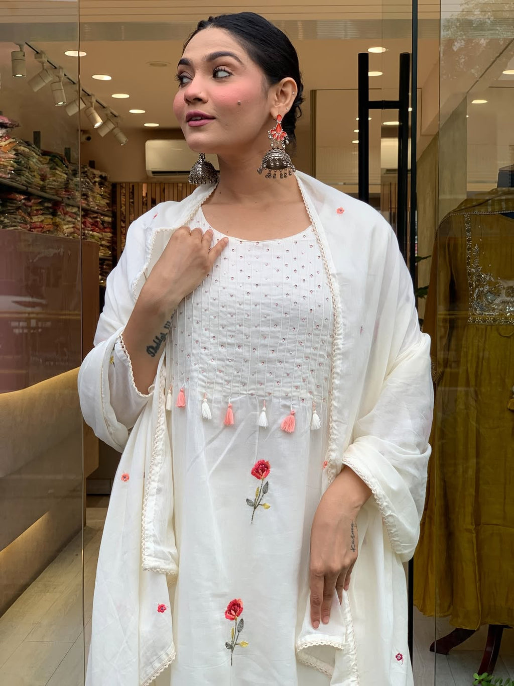 Off White Embroidered Chanderi Silk Kurta Set